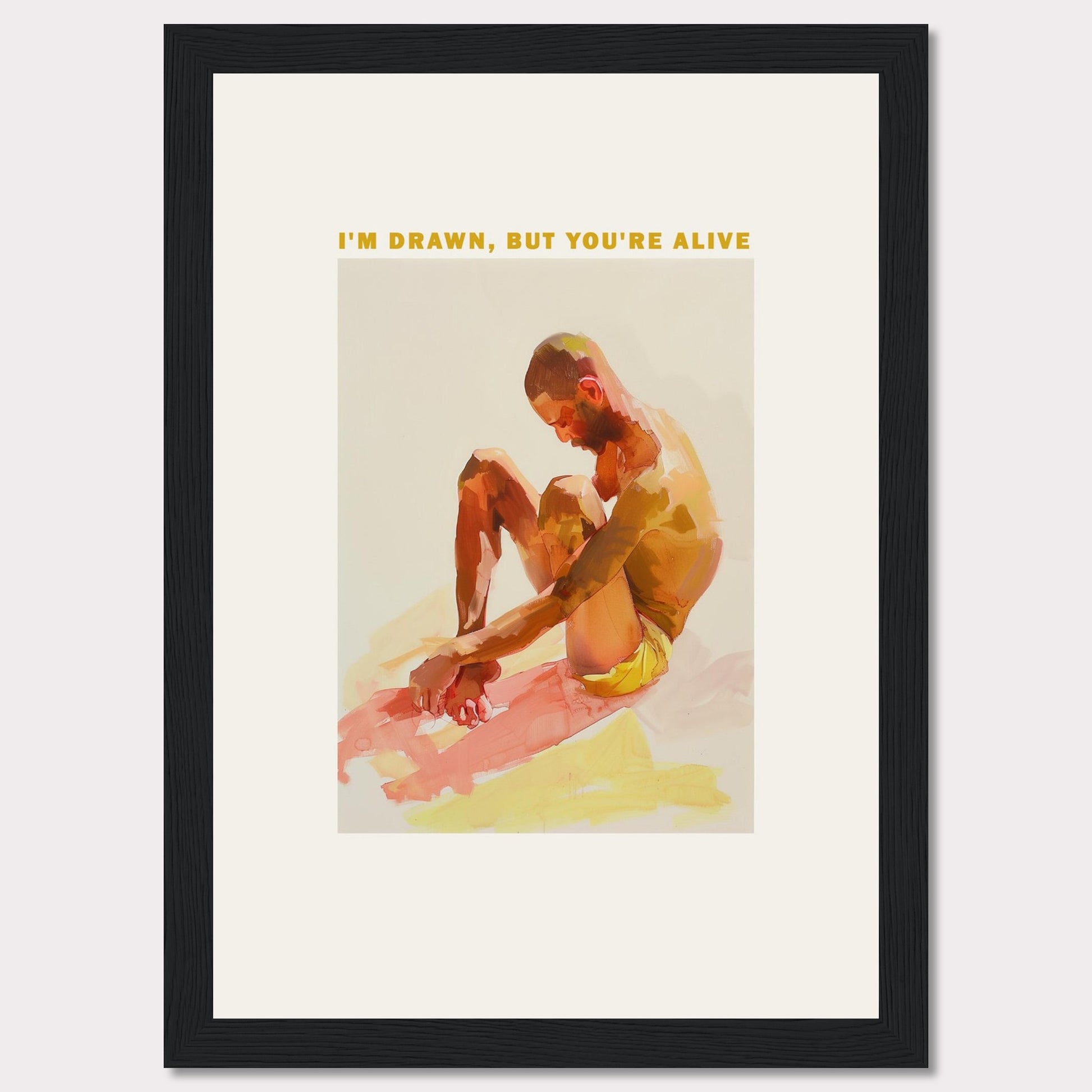 This artwork features a contemplative figure seated with knees drawn up, rendered in vibrant, warm hues. Above the figure, the text reads: "I'M DRAWN, BUT YOU'RE ALIVE." The image is framed in a simple black border, enhancing its modern aesthetic.