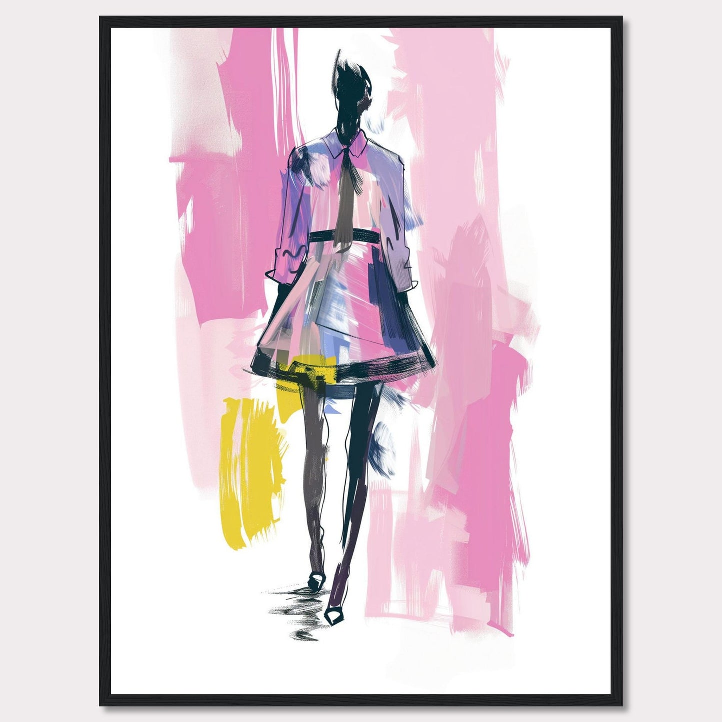 This image showcases a fashion illustration featuring a stylish figure in a vibrant dress. The artwork is characterized by bold brush strokes and a mix of colors, including pink, purple, yellow, and black. The figure exudes confidence, walking forward with purpose.