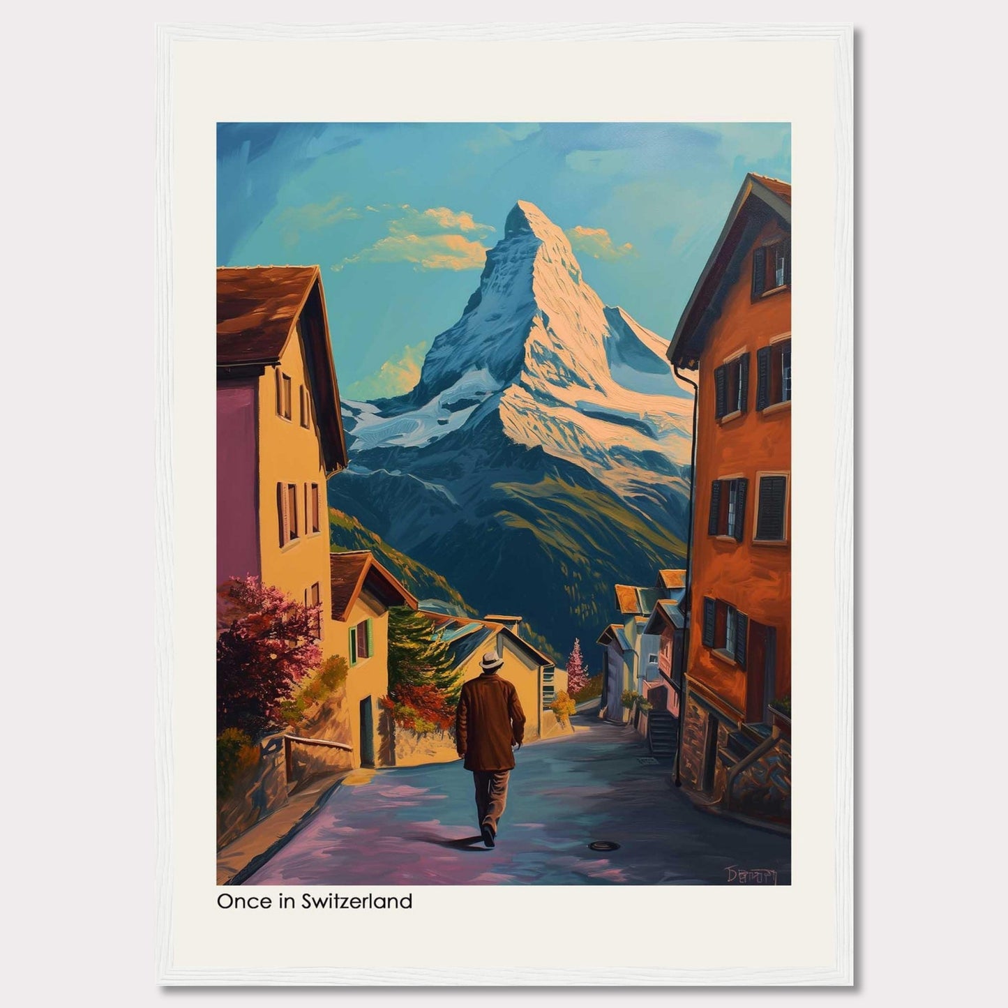 This beautiful painting captures a serene Swiss village with the majestic Matterhorn mountain in the background. The scene features charming houses, a lone figure walking down the street, vibrant foliage, and a clear blue sky.