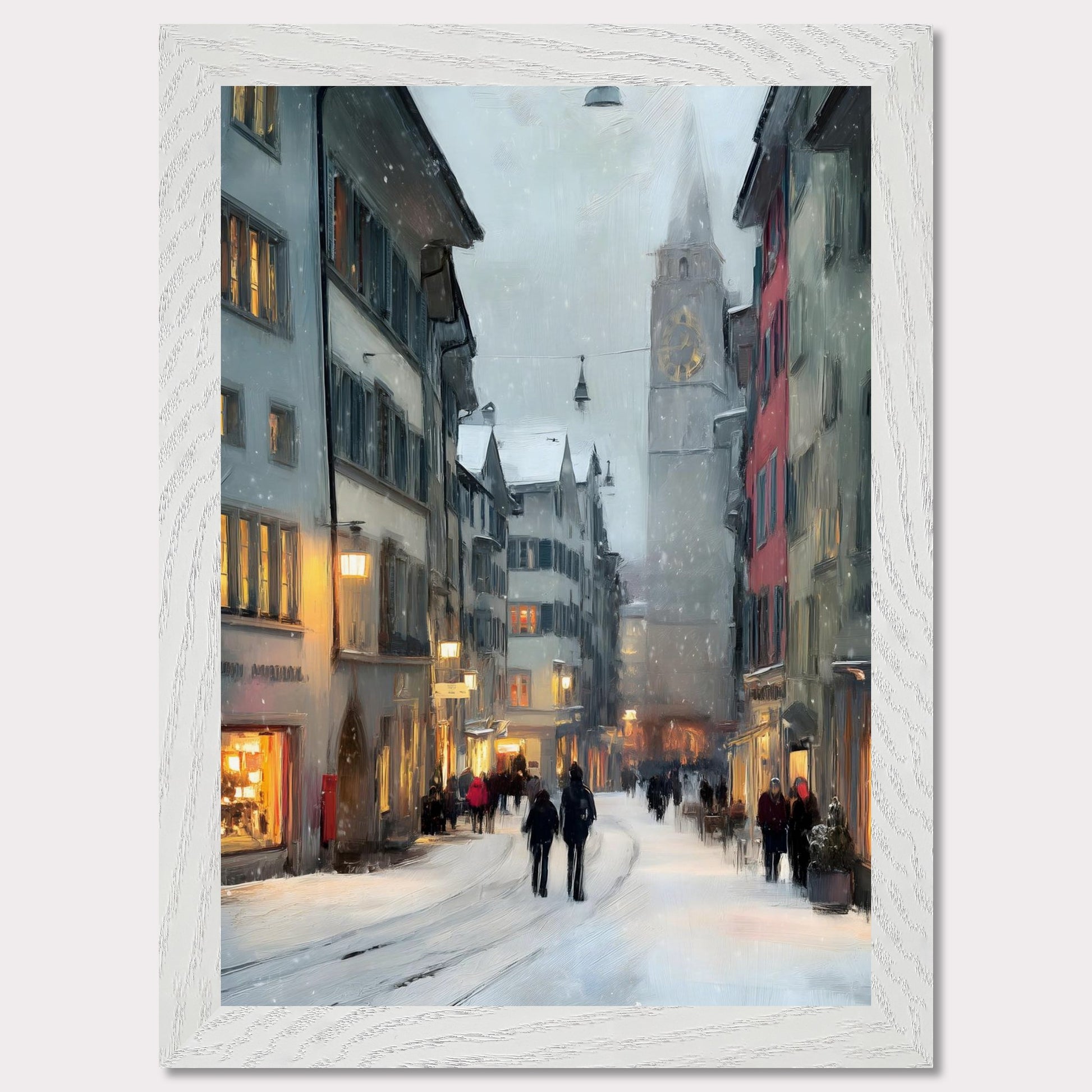 Snow falls gently between old town facades as people wander through glowing windows and quiet alleys. Time seems to slow. This image is a winter stroll, an ode to dusk, city calm, and warmth within.