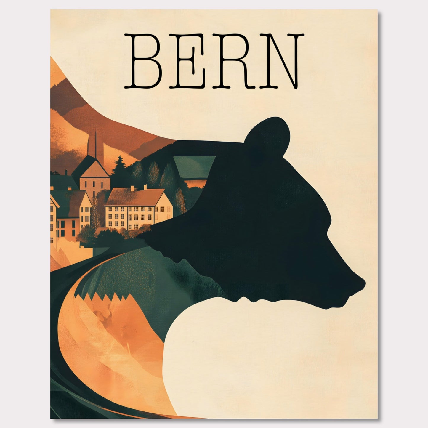 This minimalist travel poster captures the essence of Bern, Switzerland, with a flowing river winding through the city's historic heart. The design highlights the city's iconic medieval architecture, framed by the serene natural surroundings. The soft, muted tones evoke a sense of nostalgia and tranquility, making it a perfect representation of Bern’s timeless beauty.