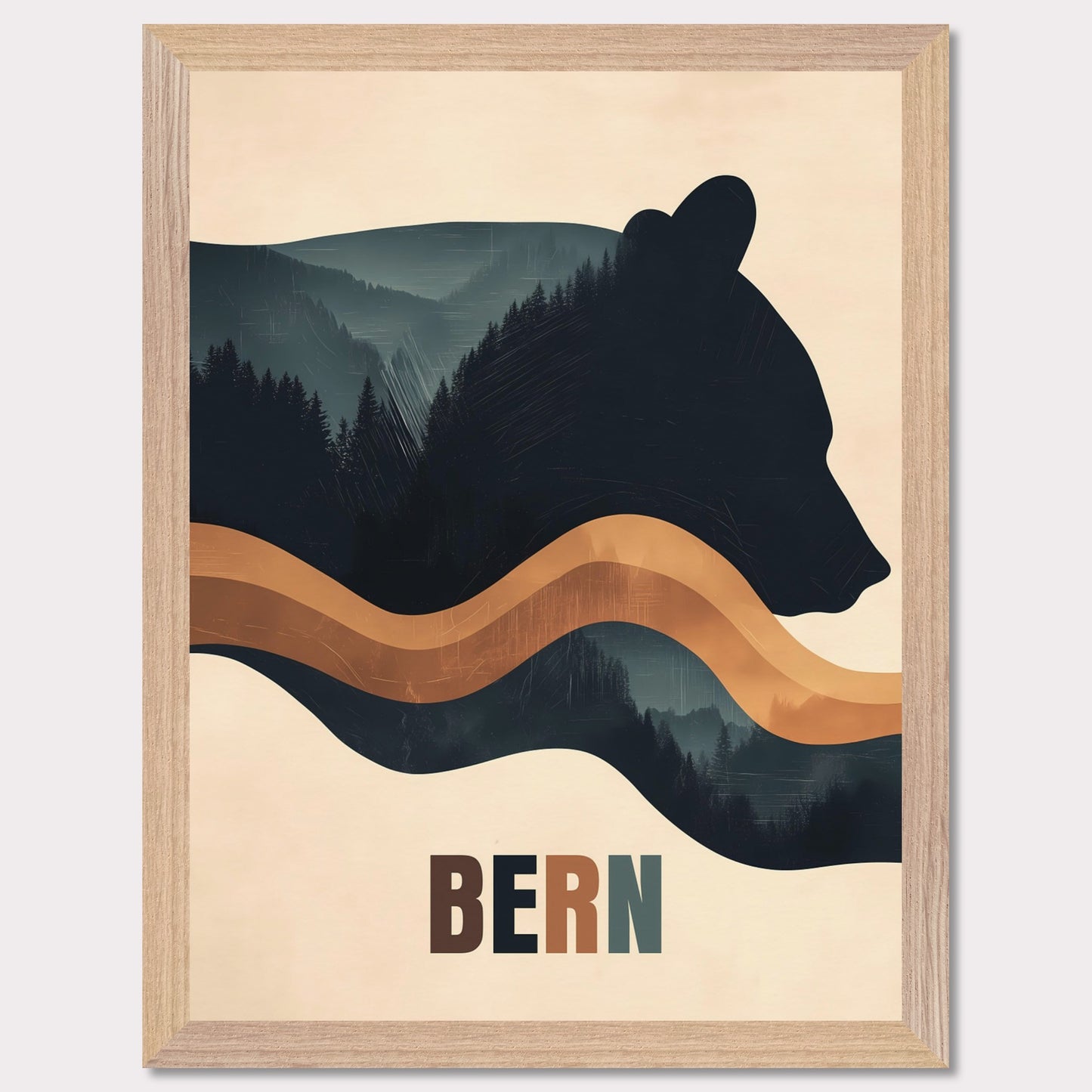 This elegant poster captures the harmony between nature and Bern’s cultural heritage. The silhouette of a bear, the city’s symbol, seamlessly blends with dense forests and flowing lines, creating a sense of tranquility and connection with the surroundings. The minimalist style and warm color palette give the artwork a modern aesthetic.