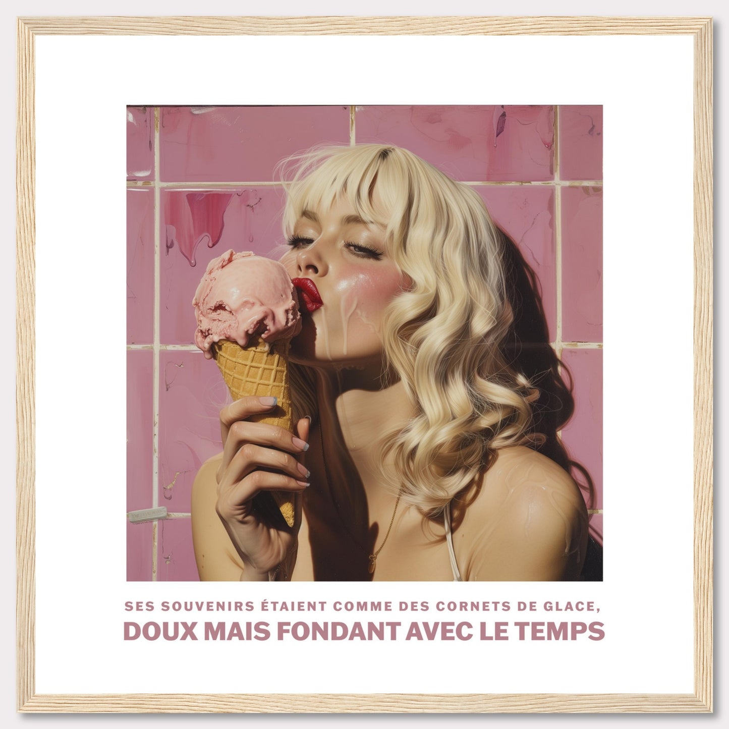 This image features a woman with blonde hair enjoying a pink ice cream cone against a backdrop of pink tiles. The text at the bottom reads: "Ses souvenirs étaient comme des cornets de glace, doux mais fondant avec le temps," which translates to "Her memories were like ice cream cones, sweet but melting with time."