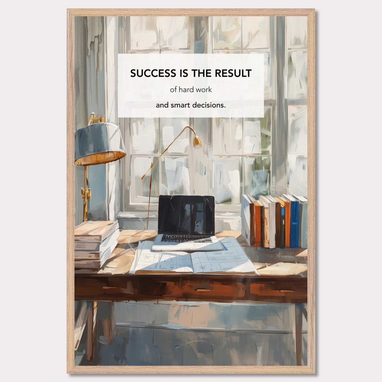 This inspiring poster showcases a serene and productive workspace bathed in natural light. The central message, "Success is the result of hard work and smart decisions," is prominently displayed.