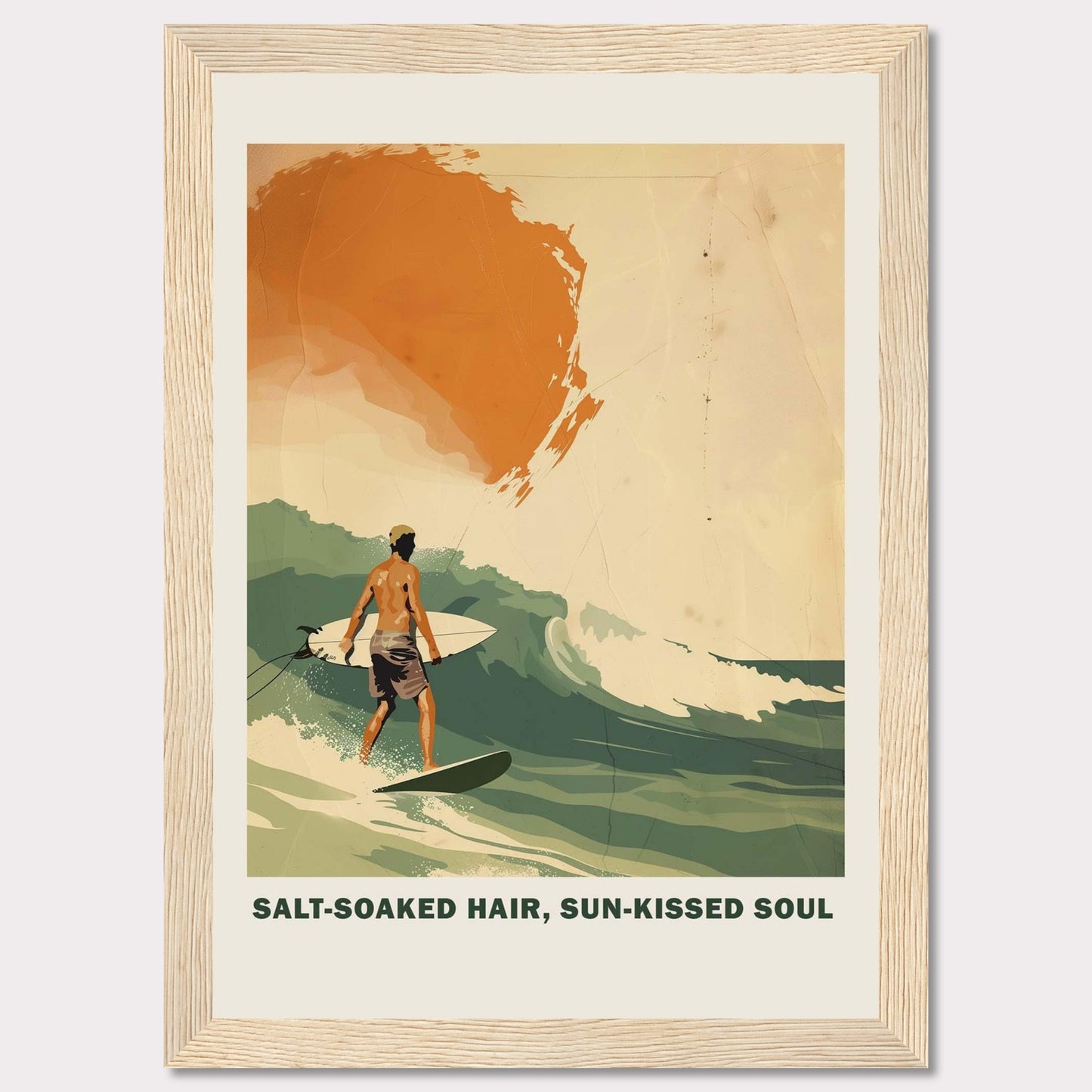 This vibrant poster showcases a surfer riding a wave with the sun setting in the background. 