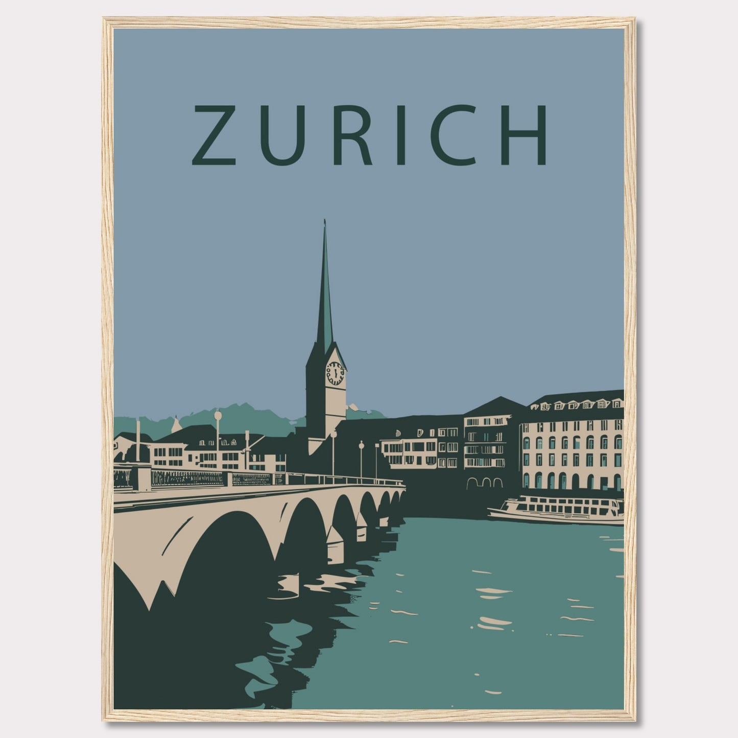 This poster features a serene illustration of Zurich, showcasing its iconic architecture and tranquil river scene.