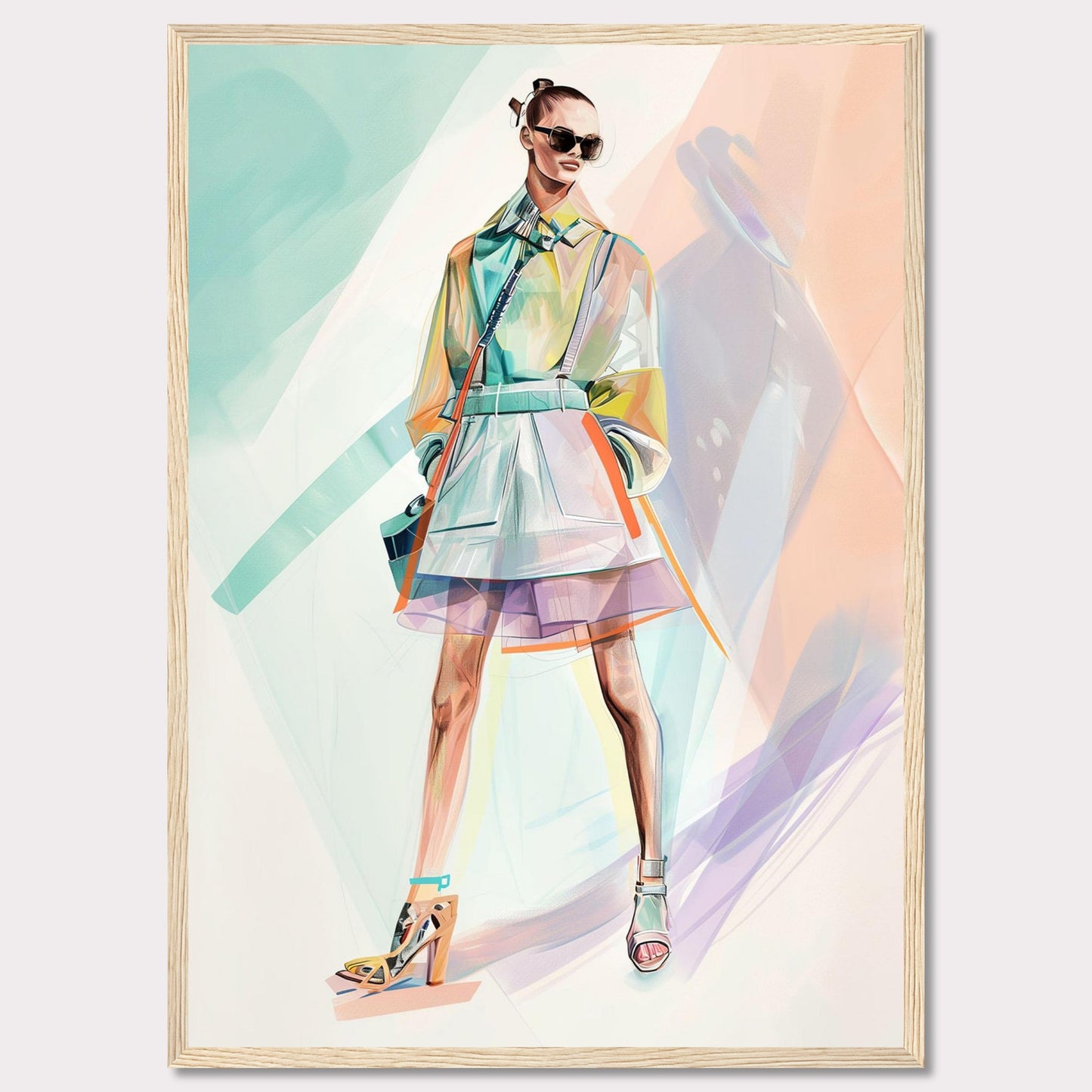 This stunning artwork features a stylish figure in a vibrant, modern outfit. The person is wearing a colorful, translucent coat over a layered skirt, with high-fashion heels and chic sunglasses. The background is an abstract blend of pastel colors, enhancing the fashionable vibe.