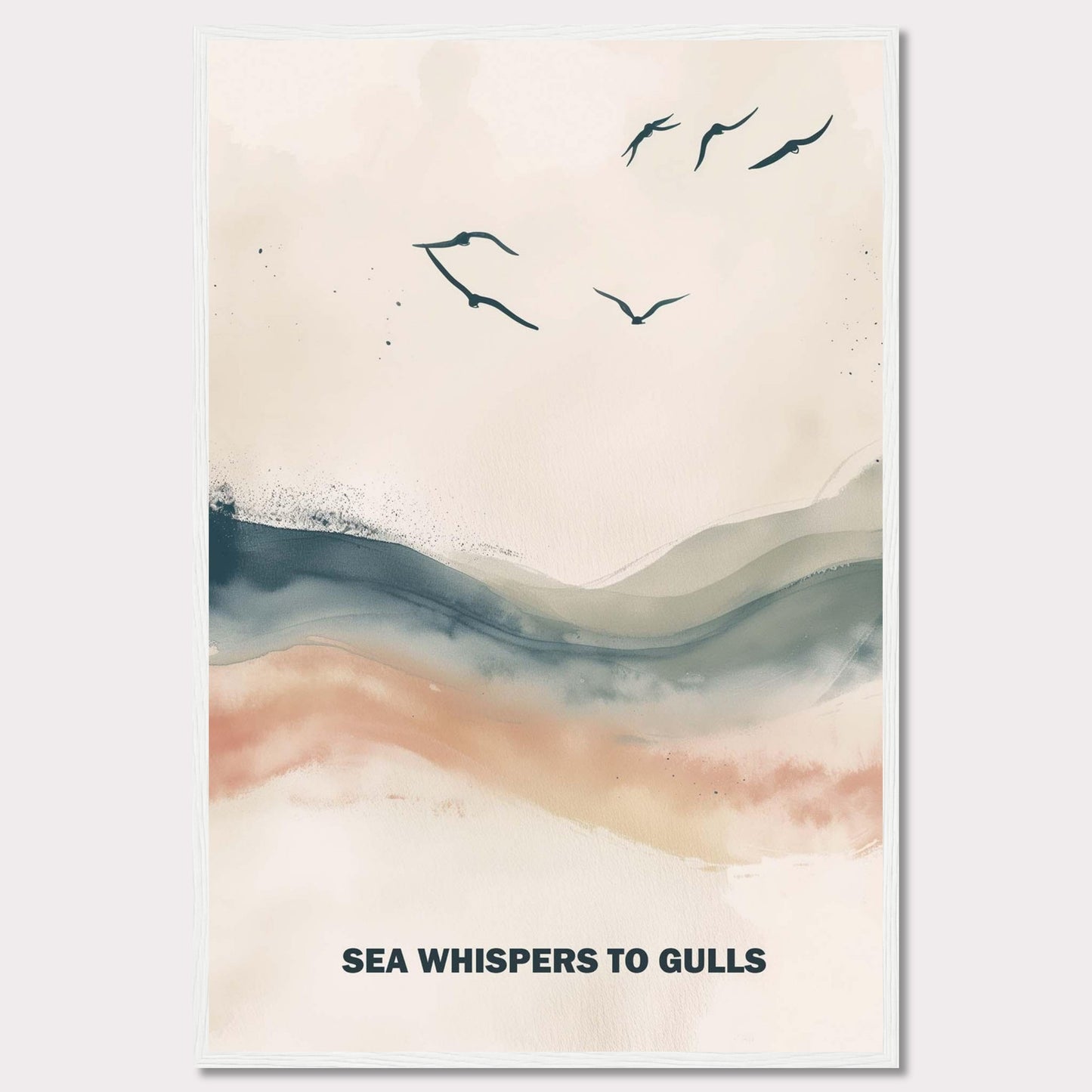 This serene artwork features a minimalist design with gentle waves and flying gulls. The soothing colors create a tranquil atmosphere, perfect for any space needing a touch of calm. The text "SEA WHISPERS TO GULLS" adds a poetic element to the piece.