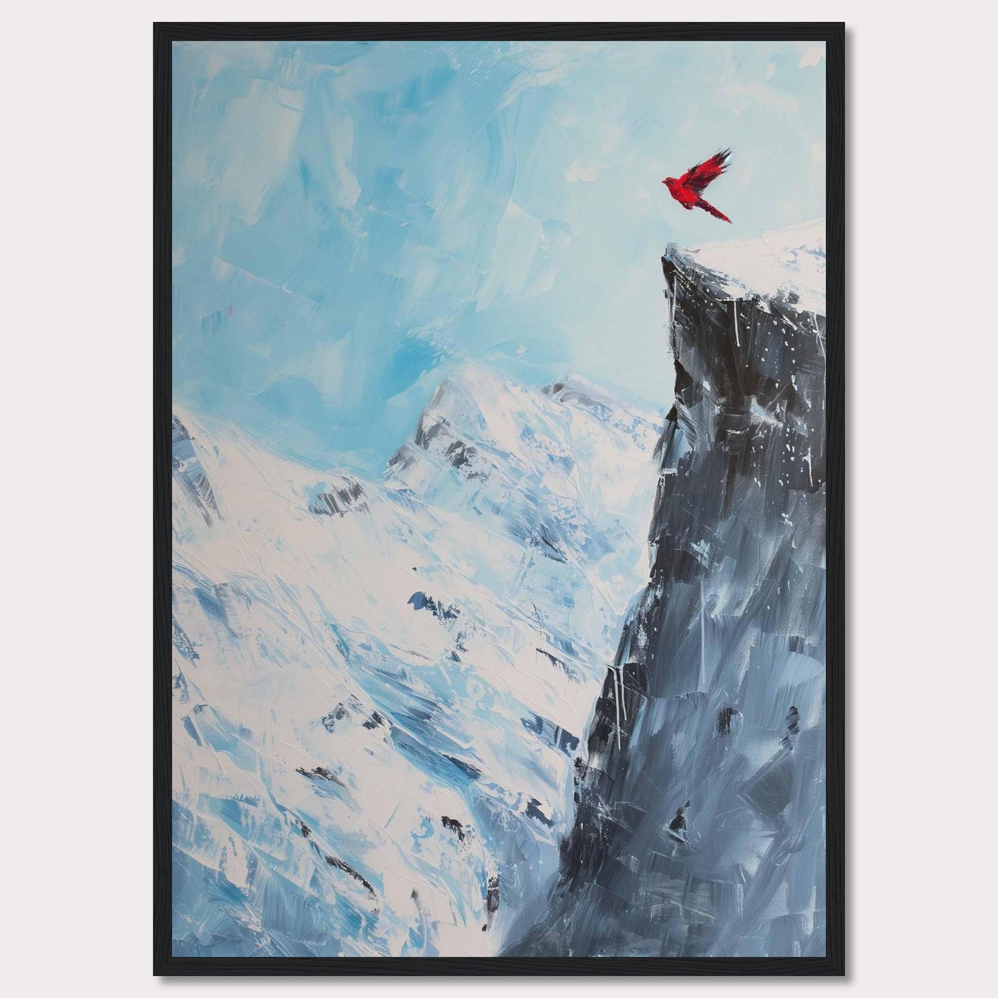 This stunning artwork captures a vibrant red bird soaring above a majestic snow-covered mountain peak, set against a serene blue sky. The contrast between the vivid bird and the icy landscape creates a striking visual impact.