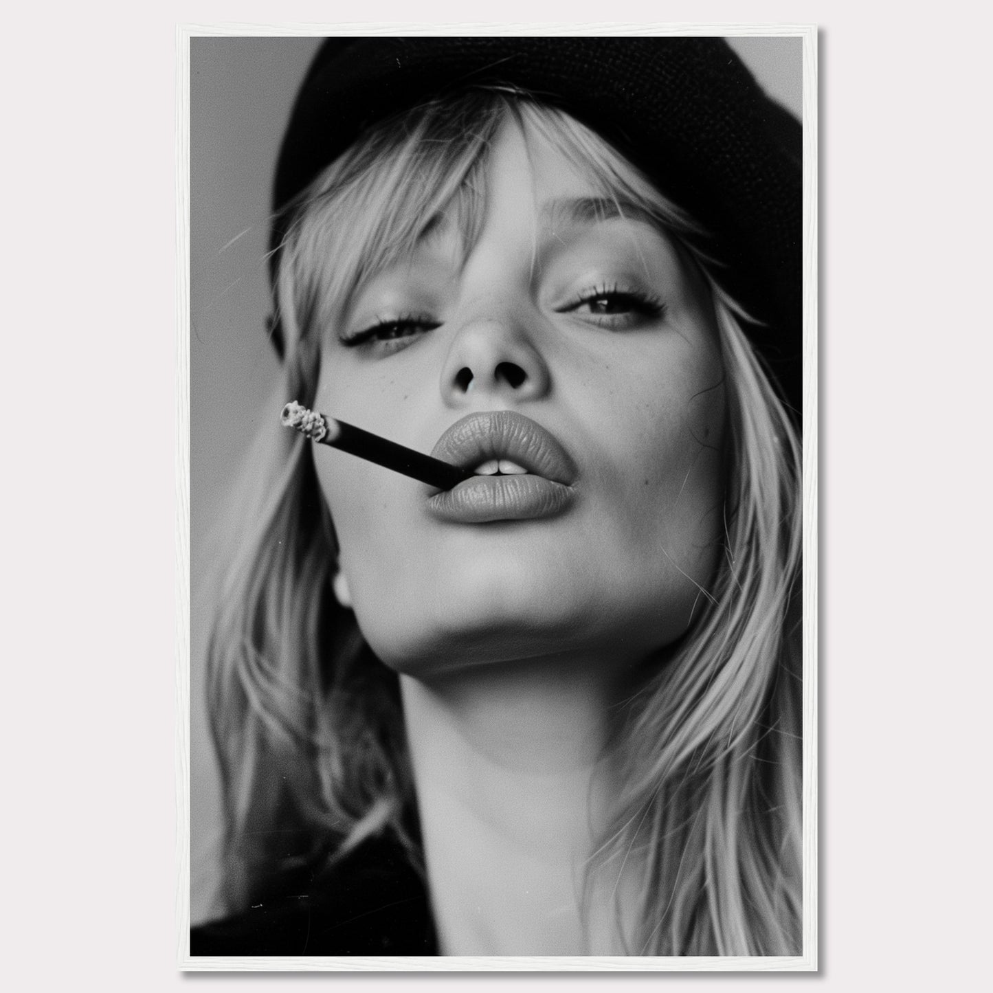 This striking black and white portrait captures a woman with a cigarette between her lips, exuding confidence and allure. Her intense gaze, slightly parted lips, and the casual placement of the cigarette create a bold and edgy aesthetic. The image is framed in a sleek black border, adding to its sophisticated appeal.