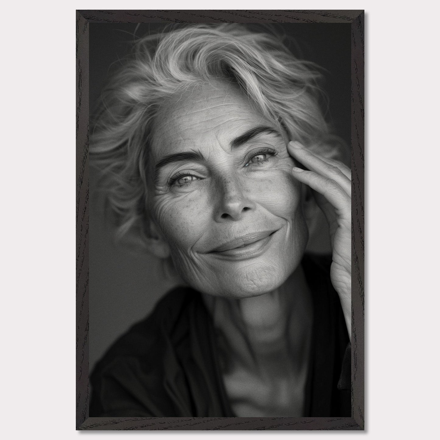 This black-and-white portrait captures the serene and wise expression of an elderly woman. Her gentle smile and relaxed pose exude a sense of peace and contentment.