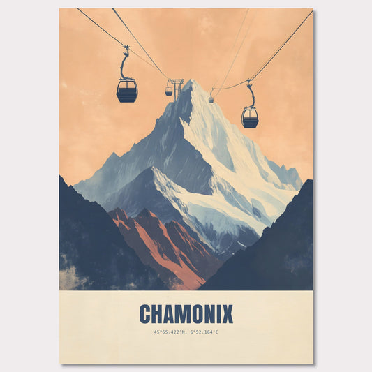 This striking poster showcases the dramatic ascent to Chamonix’s peaks, with cable cars stretching across the sky towards the snow-covered mountains. The bold contrasts between deep shadows and glowing light create an atmosphere of adventure and grandeur.