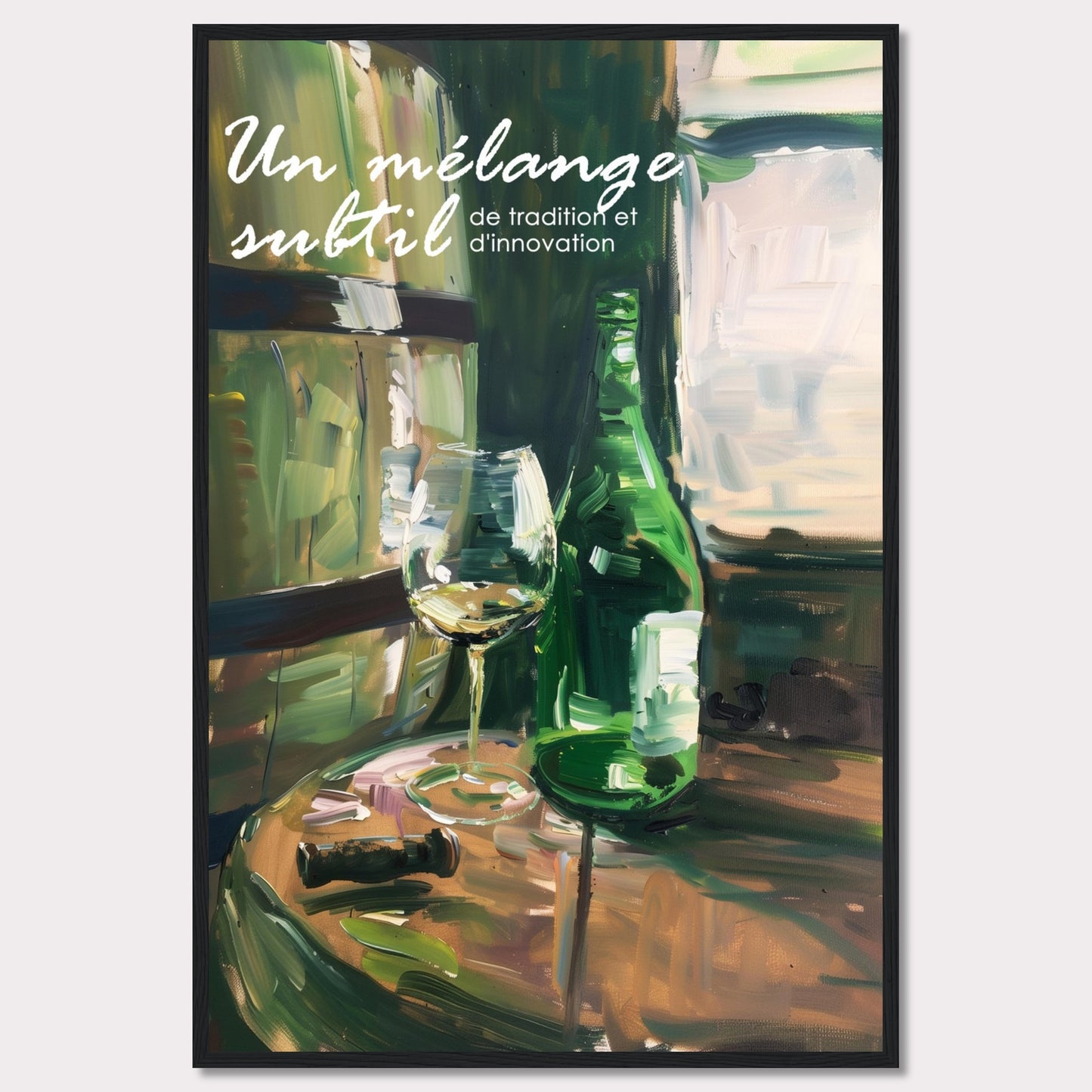 This image showcases a beautifully painted scene of a wine bottle and glass on a wooden table, evoking a sense of sophistication and elegance. The text on the image reads "Un mélange subtil de tradition et d'innovation," which translates to "A subtle blend of tradition and innovation."