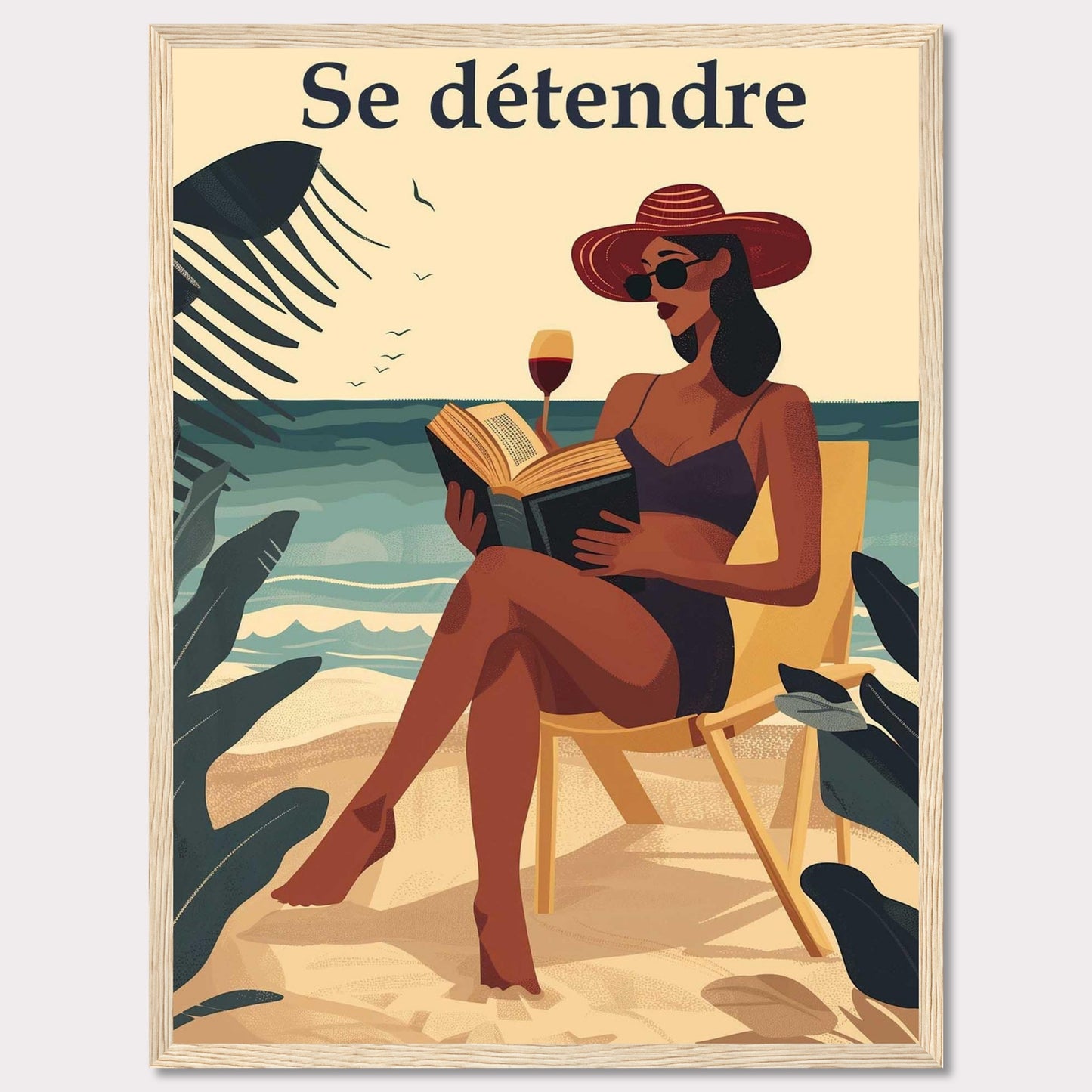 This illustration captures a serene beach scene with a woman relaxing on a chair, reading a book, and enjoying a glass of wine. The text "Se détendre" at the top translates to "Relax" in English.