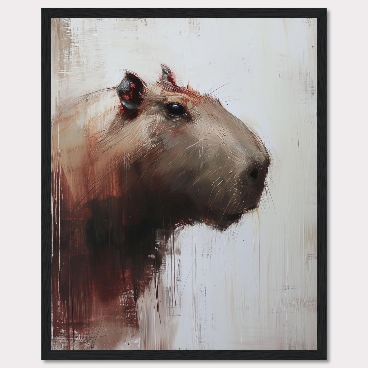 This image showcases a striking painting of a capybara, rendered in a modern, abstract style. The artwork features bold brush strokes and a muted color palette, with the capybara's head turned slightly to the side.