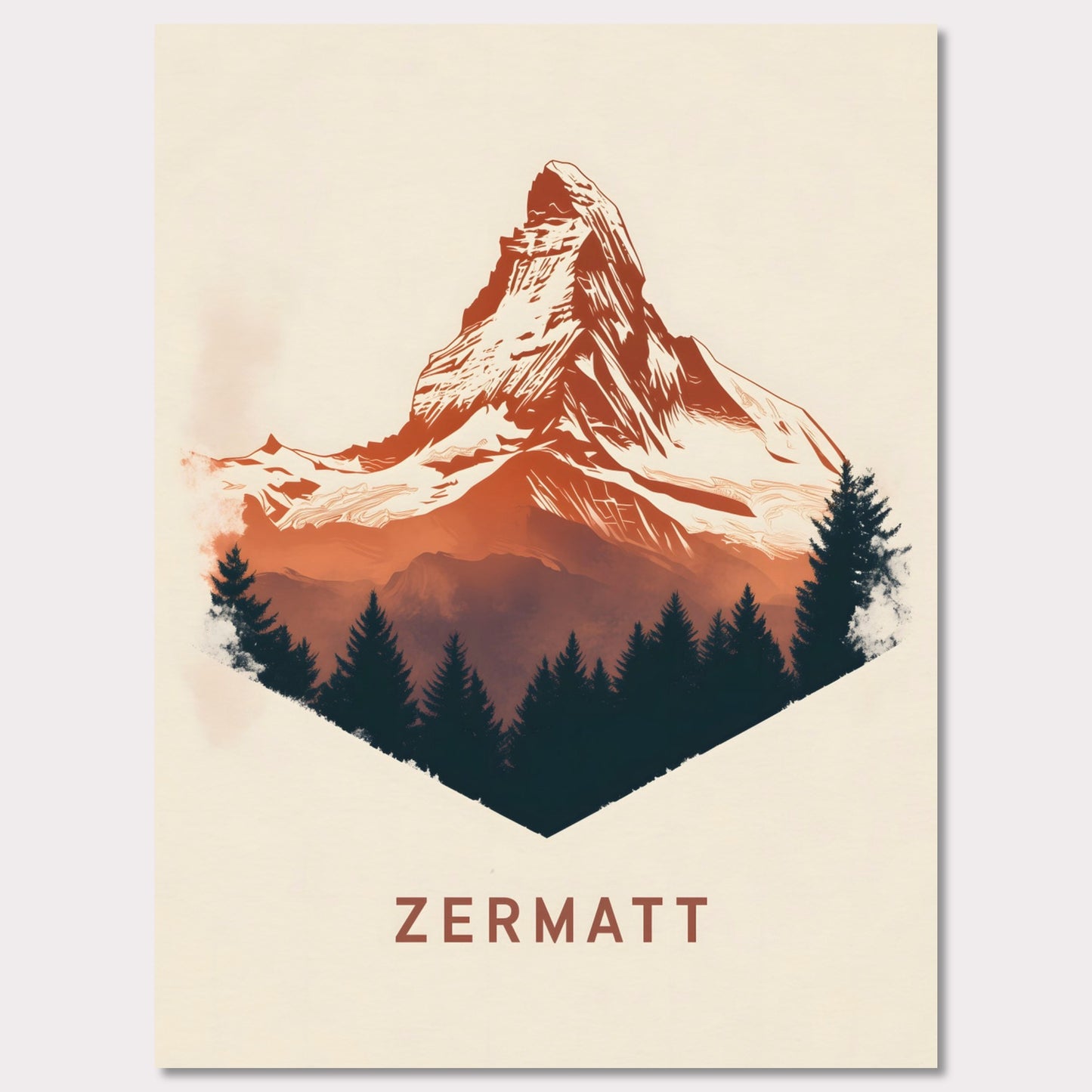 A scenic poster showcasing the breathtaking beauty of Zermatt’s Matterhorn. The rich, painterly textures and natural color palette evoke the serene yet powerful presence of the Alps.