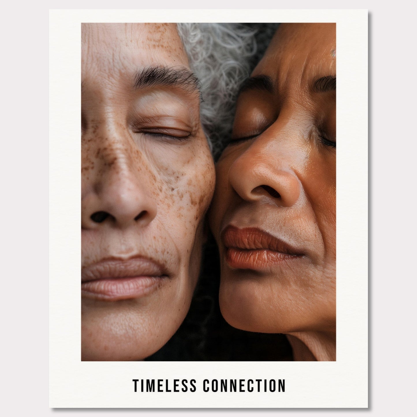 This illustration shows a close-up view of two elderly individuals with their eyes closed, conveying a sense of peace and connection. The text "TIMELESS CONNECTION" is displayed at the bottom.

This poster would fit well in a living room, bedroom, or any space meant for relaxation and reflection.