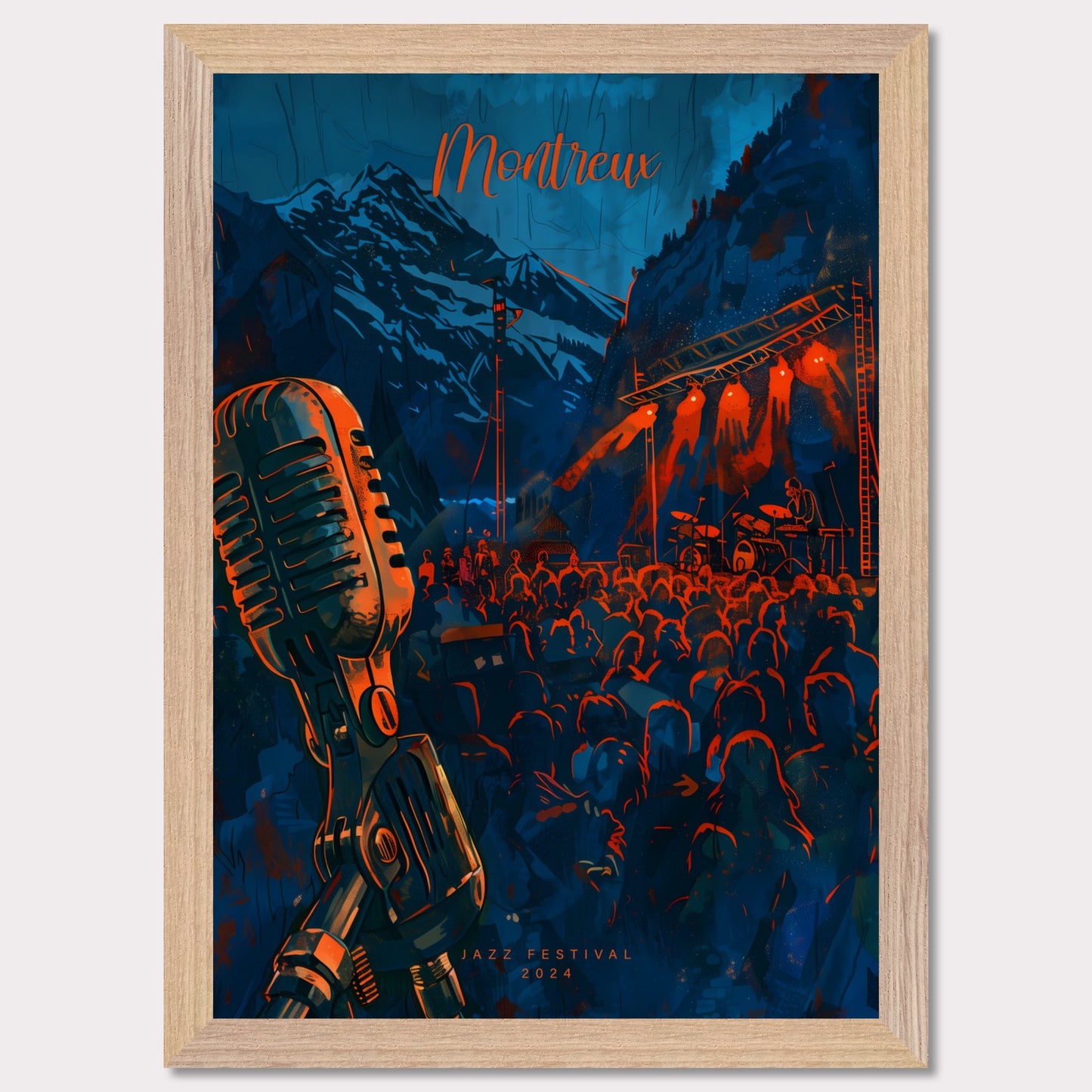 Experience the magic of Montreux Jazz Festival 2024! This vibrant poster captures the essence of live music against a stunning mountain backdrop. Join the crowd, feel the rhythm, and be part of an unforgettable musical journey.