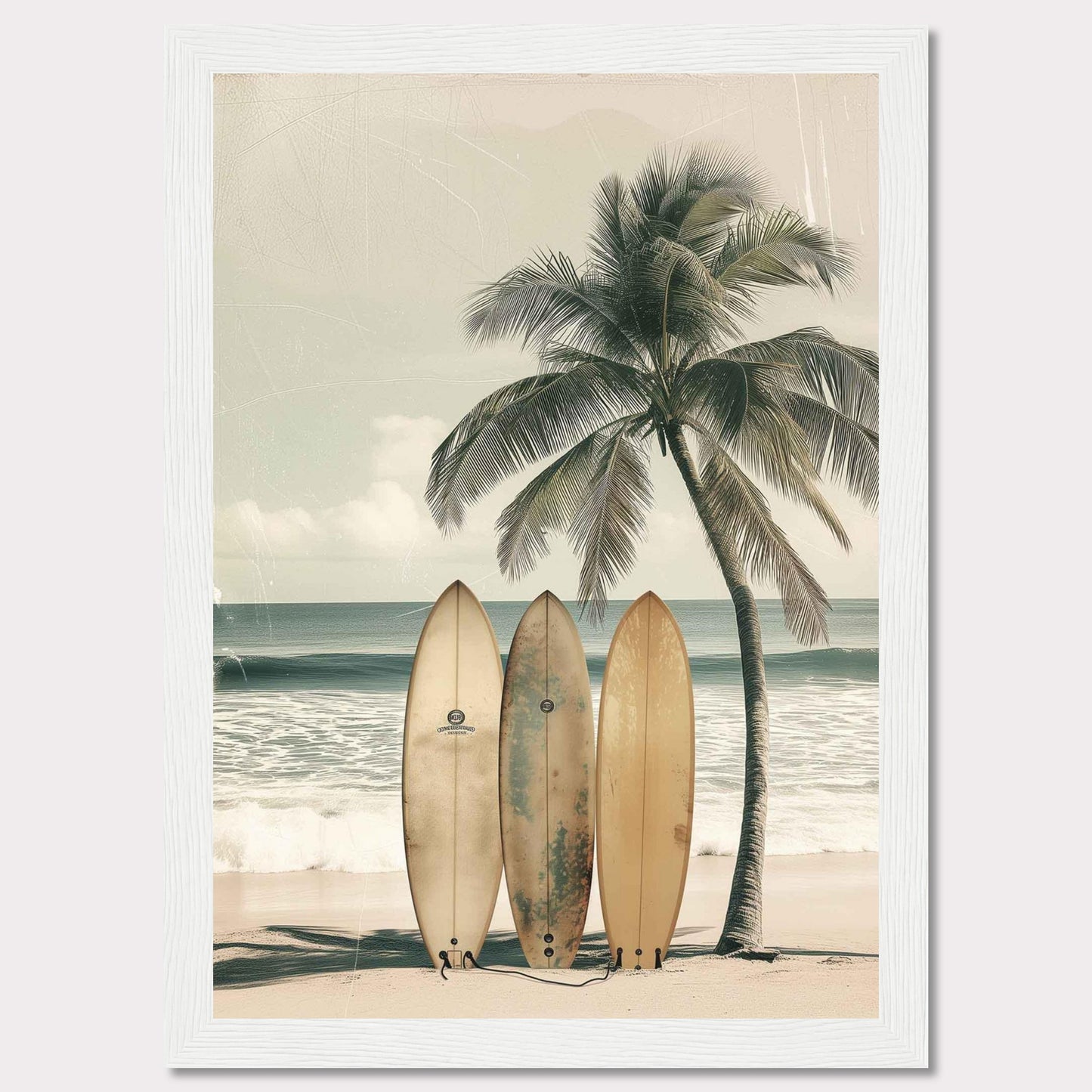 This captivating image features a serene beach scene with three surfboards leaning against a tall, swaying palm tree. The tranquil ocean waves and a clear sky in the background evoke a sense of calm and adventure.