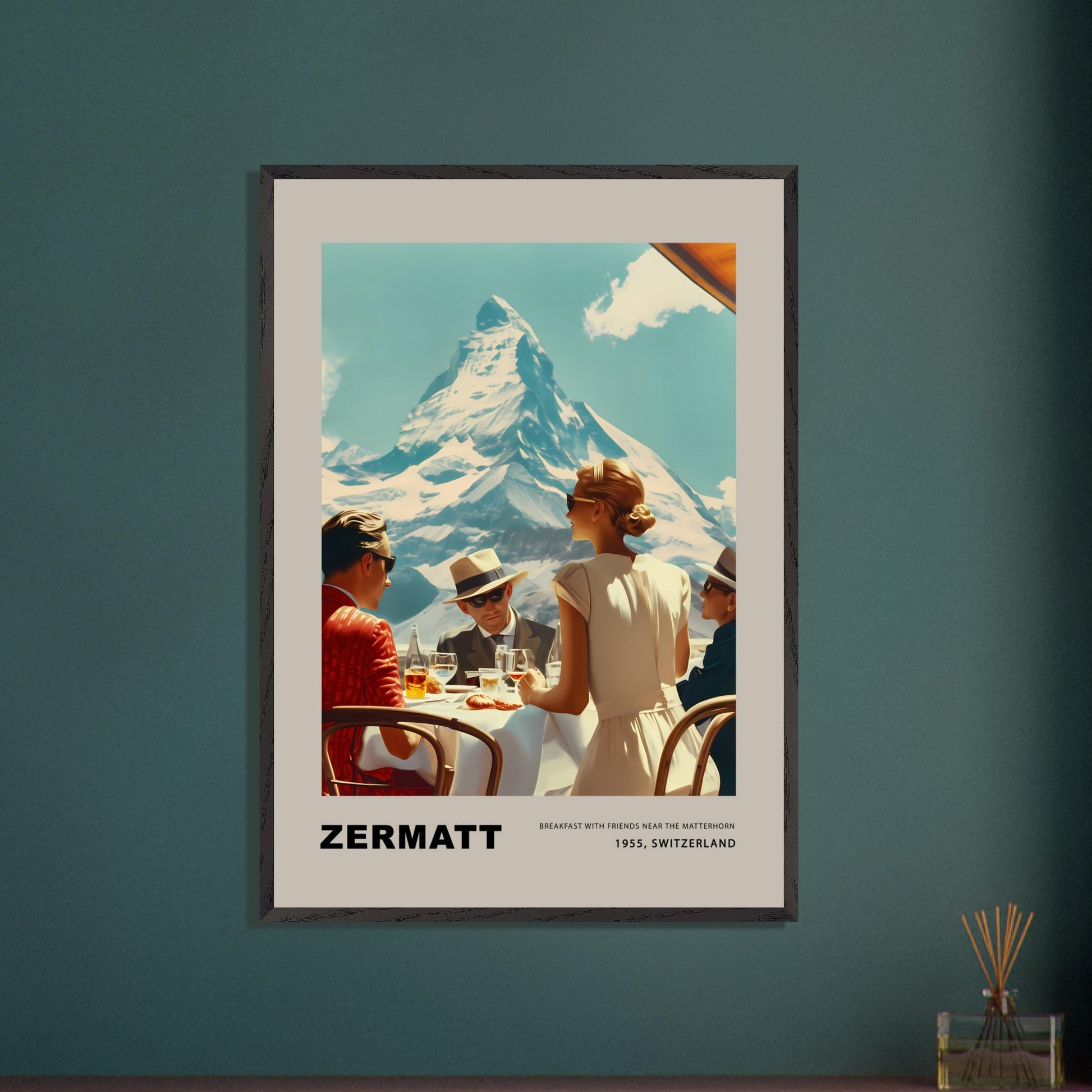 Experience the charm of Zermatt with this vintage poster featuring a group of friends enjoying breakfast against the stunning backdrop of the Matterhorn. This nostalgic scene from 1975, Switzerland, captures the essence of leisurely mornings and breathtaking mountain views.