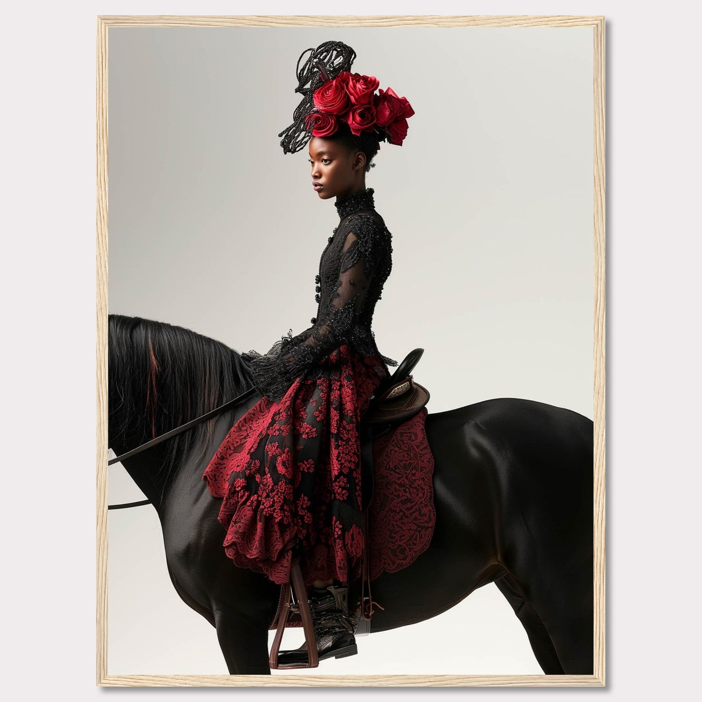 This striking image features a poised woman in an elegant black and red lace dress, adorned with an elaborate headpiece of red roses. She sits gracefully on a majestic black horse, exuding confidence and sophistication.