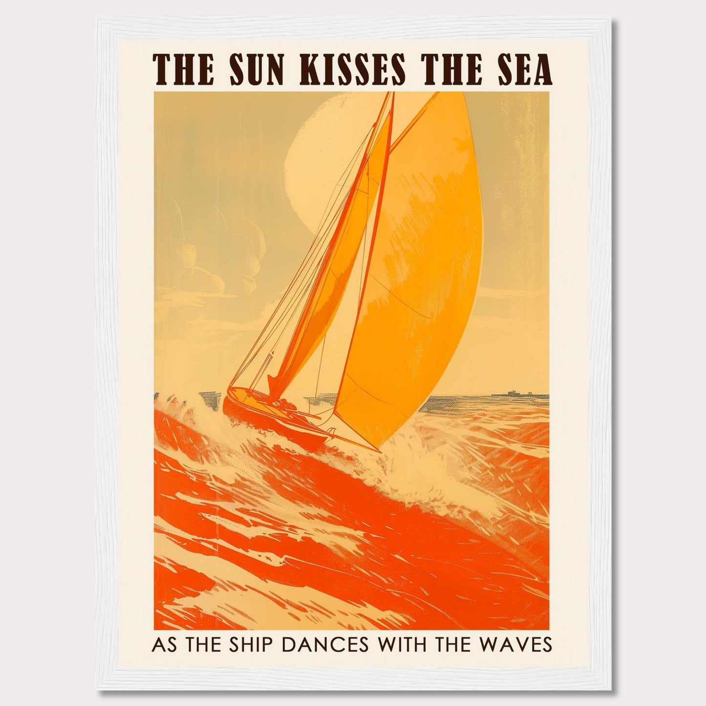 This vibrant poster captures the essence of sailing with a bright orange sailboat cutting through the waves under a warm sun. The bold text reads, "THE SUN KISSES THE SEA" and "AS THE SHIP DANCES WITH THE WAVES," evoking a sense of adventure and freedom.