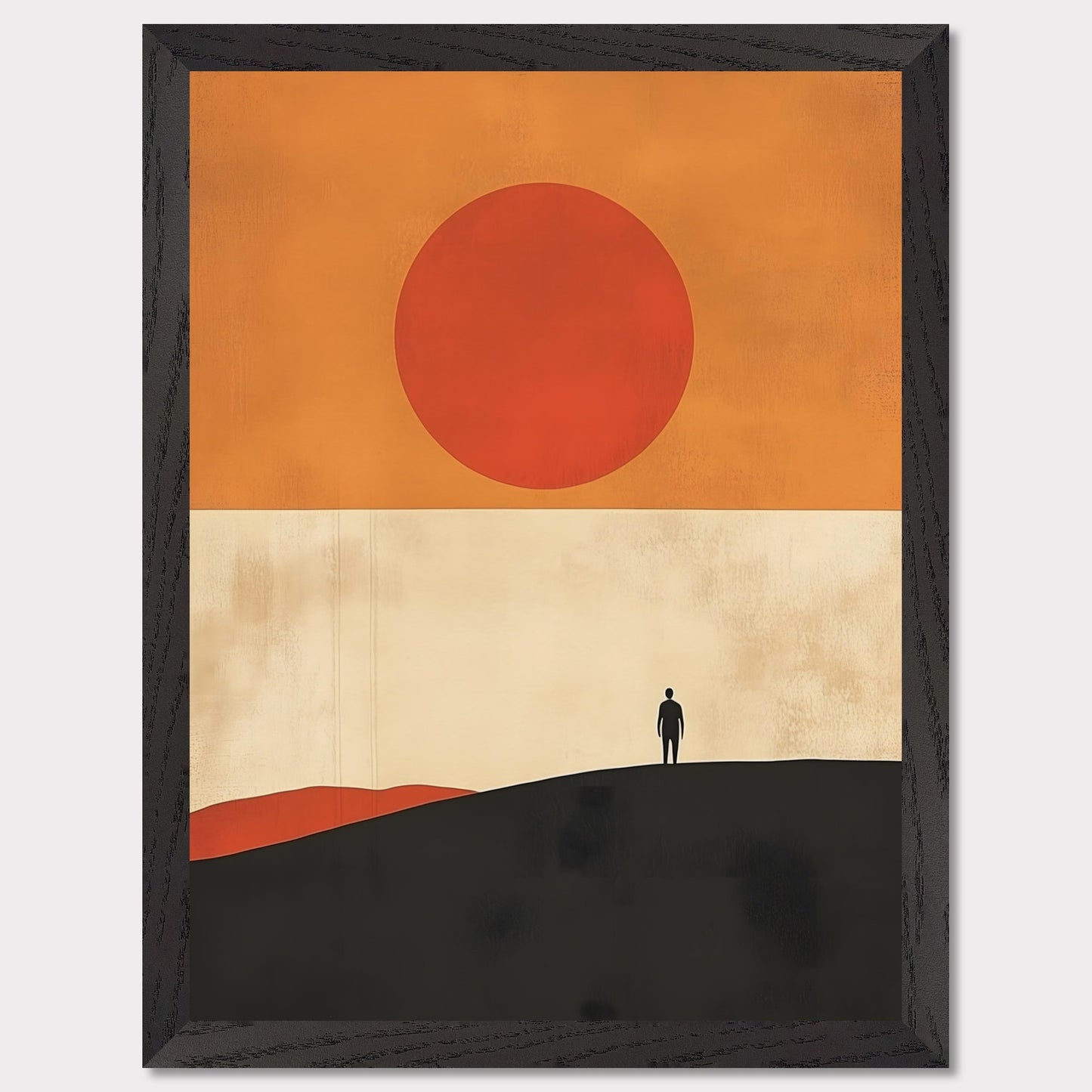 A striking minimalist artwork that conveys a sense of isolation and reflection. A lone figure stands on a hill under an oversized sun, evoking themes of wanderlust, contemplation, and the vastness of the world. The warm tones and simple composition give it a timeless, meditative feel.