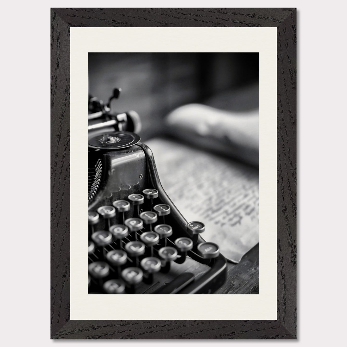 This is a black and white illustration of an old-fashioned typewriter with a blurred background.