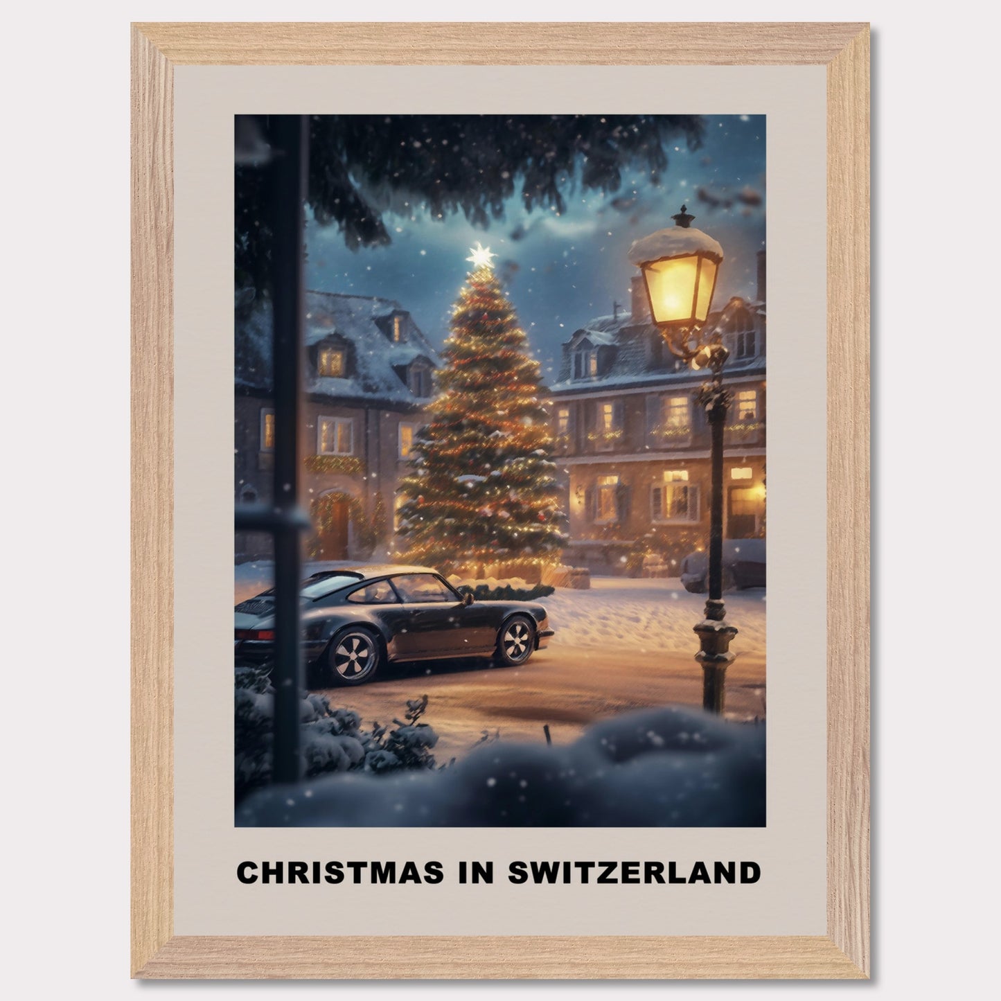 This heartwarming poster depicts a magical Swiss town square adorned with a glowing Christmas tree under a snowy evening sky. A classic vintage car adds a nostalgic charm, parked amidst festive lights and cozy, snow-covered houses. The scene invites you to experience the serene joy of a Swiss Christmas.