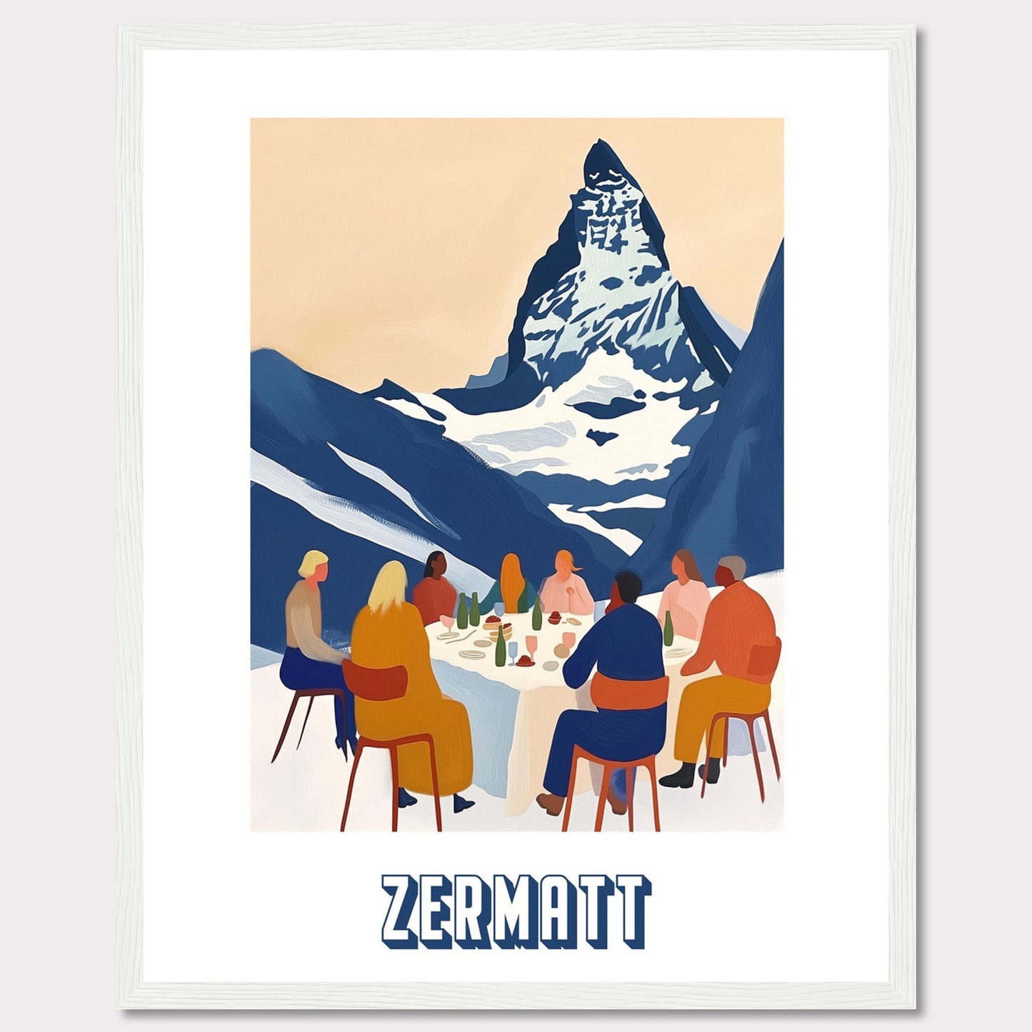 A vibrant and artistic illustration of a group of people dining outdoors with the majestic Matterhorn mountain in the background. The scene captures the essence of Zermatt, Switzerland.