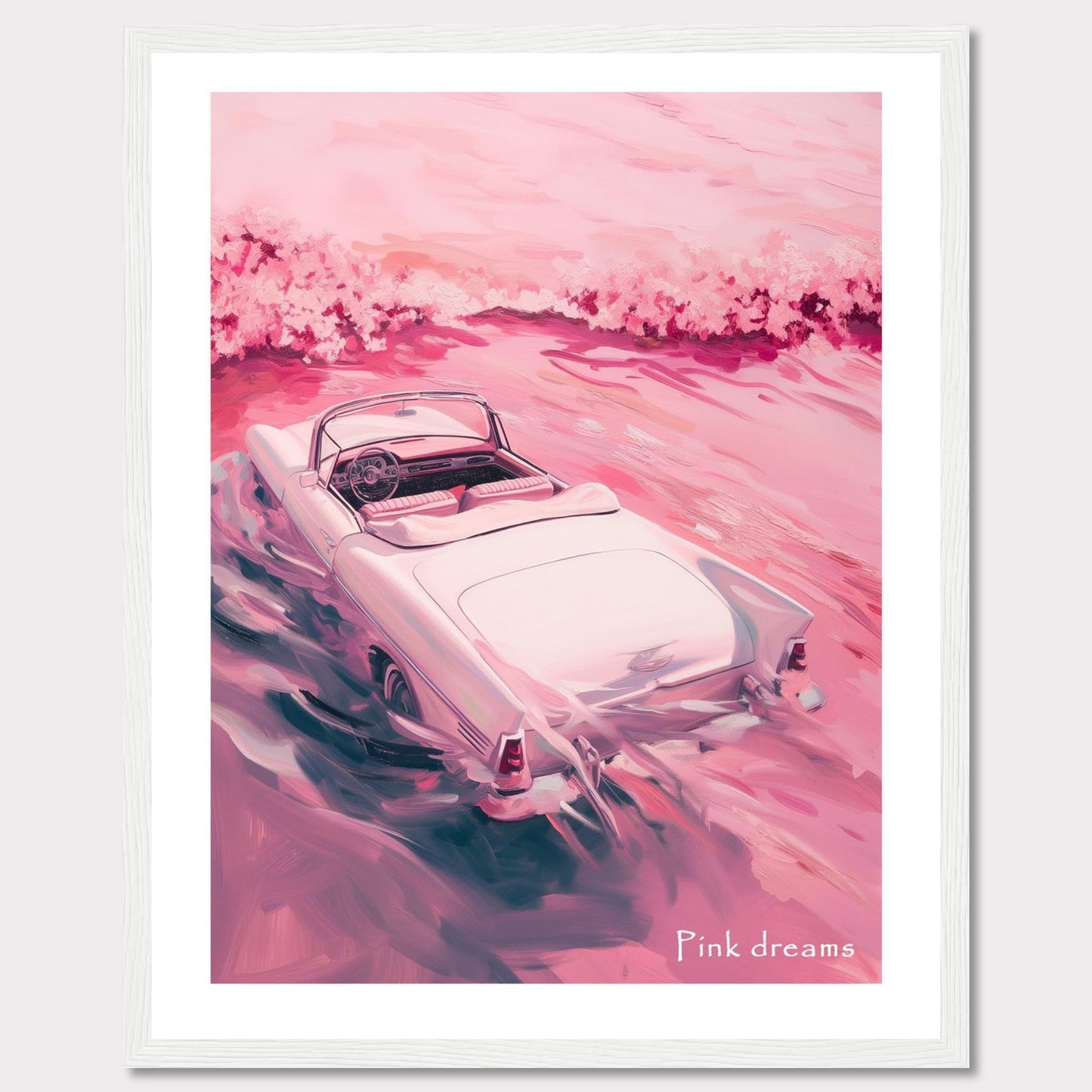 This artwork features a dreamy scene with a vintage convertible car driving through a pink-hued landscape. The soft, pastel colors create a serene and nostalgic atmosphere.