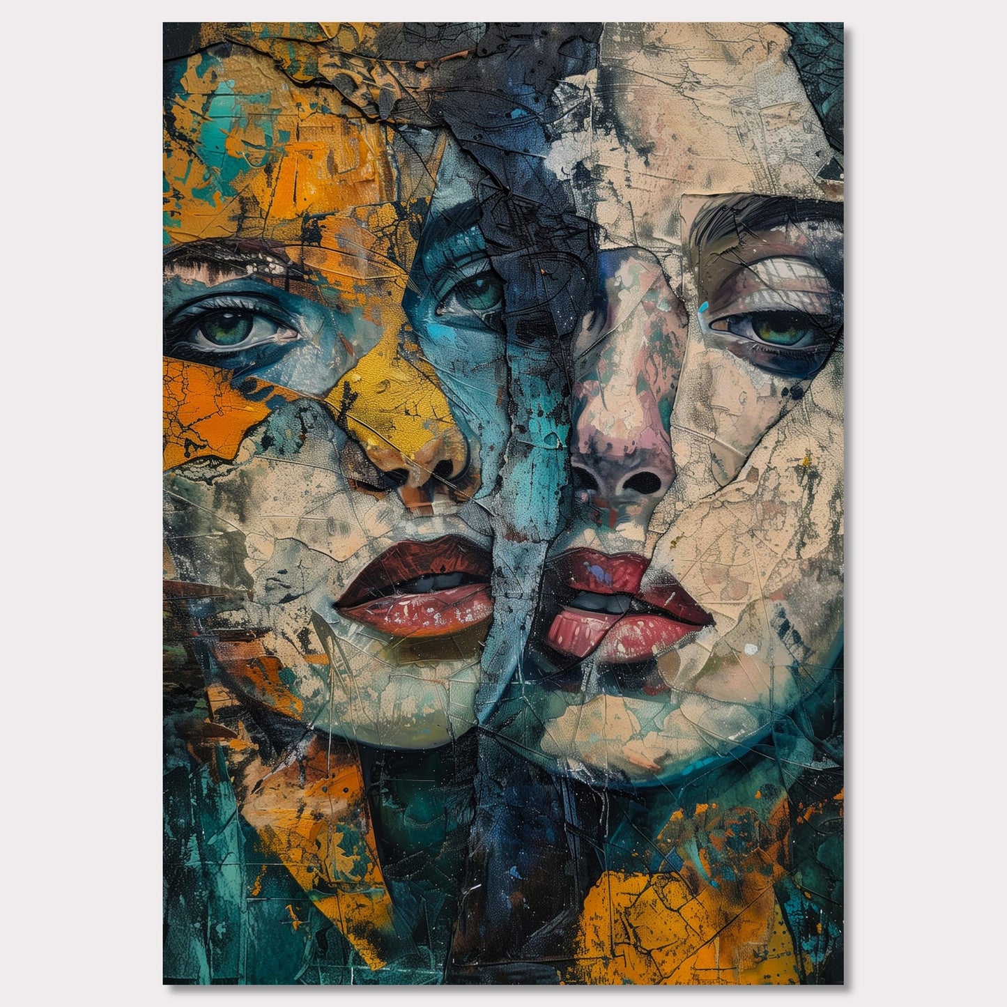 This captivating artwork features two intertwined, abstract faces with a rich blend of colors and textures. The painting exudes a sense of mystery and depth, drawing the viewer into its intricate details.