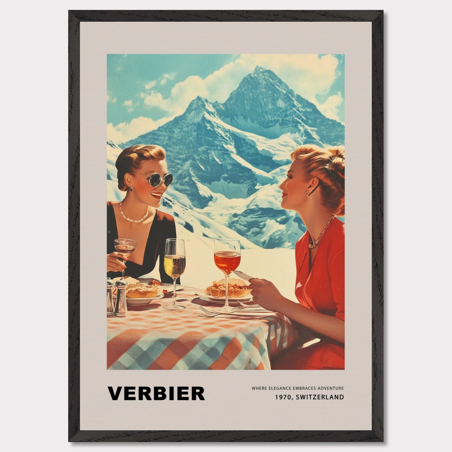 This glamorous poster showcases the refined charm of Verbier, featuring two elegantly dressed women enjoying an alfresco meal with breathtaking alpine peaks as their backdrop. The scene embodies a perfect blend of sophistication and adventure, inviting viewers to savor the unique allure of this Swiss ski destination.