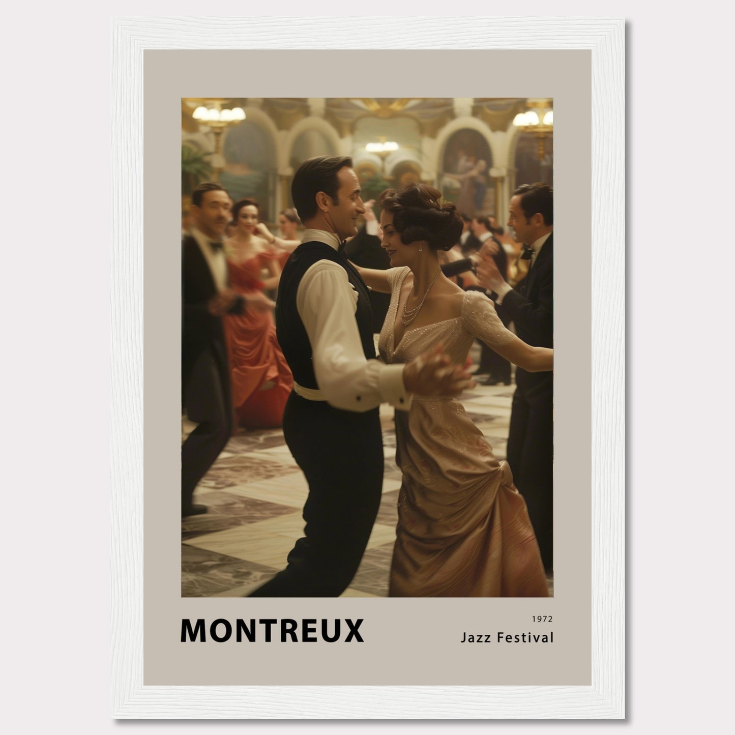 This elegant poster captures a moment of grace and sophistication at the Montreux Jazz Festival in 1972. A couple is seen dancing in a grand ballroom, surrounded by other elegantly dressed attendees. The atmosphere is vibrant and full of life, evoking the charm and allure of a bygone era.