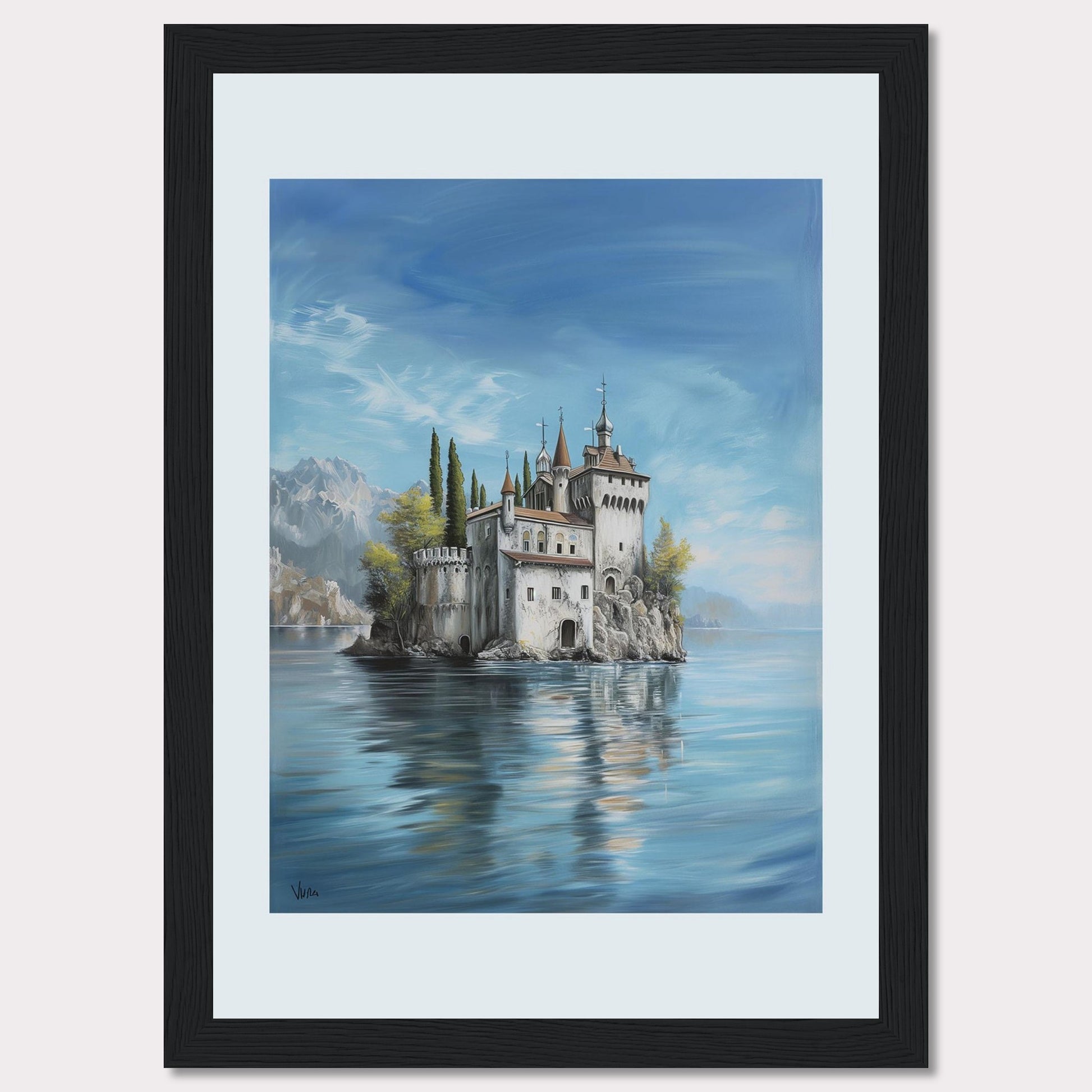 This stunning painting captures the serene beauty of a majestic castle perched on a small island, surrounded by calm waters. The scene is set against a backdrop of distant mountains and a clear blue sky, evoking a sense of tranquility and wonder.