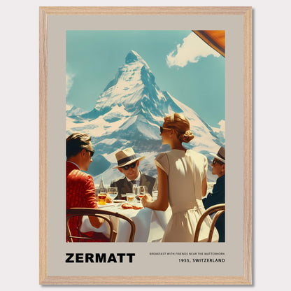 Experience the charm of Zermatt with this vintage poster featuring a group of friends enjoying breakfast against the stunning backdrop of the Matterhorn. This nostalgic scene from 1975, Switzerland, captures the essence of leisurely mornings and breathtaking mountain views.