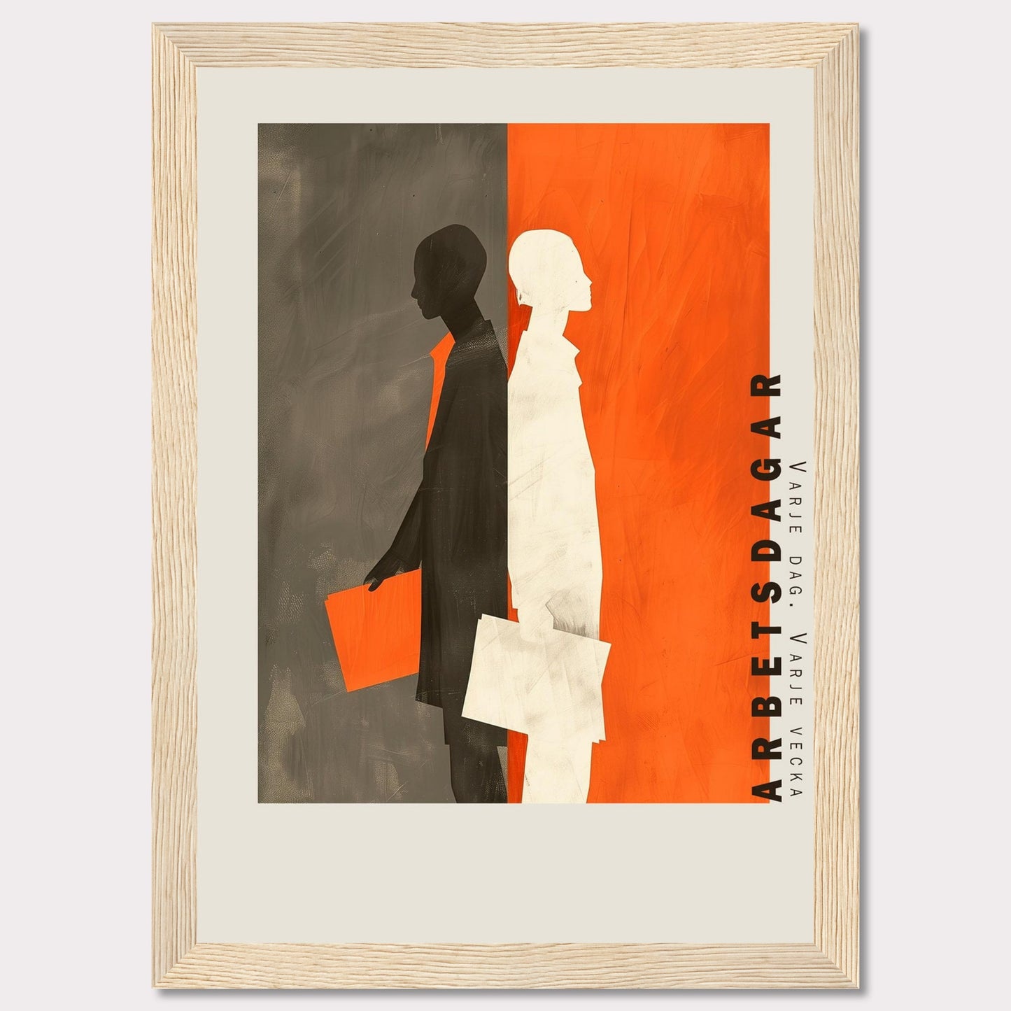 This striking artwork features two silhouetted figures, one in black and the other in white, standing back-to-back against a divided background of gray and orange. Both figures are holding documents, symbolizing work or business activities. The text "ARBETSDAGAR" is prominently displayed vertically on the right side, accompanied by the phrase "VARJE DAG - VARJE VECKA" below it.