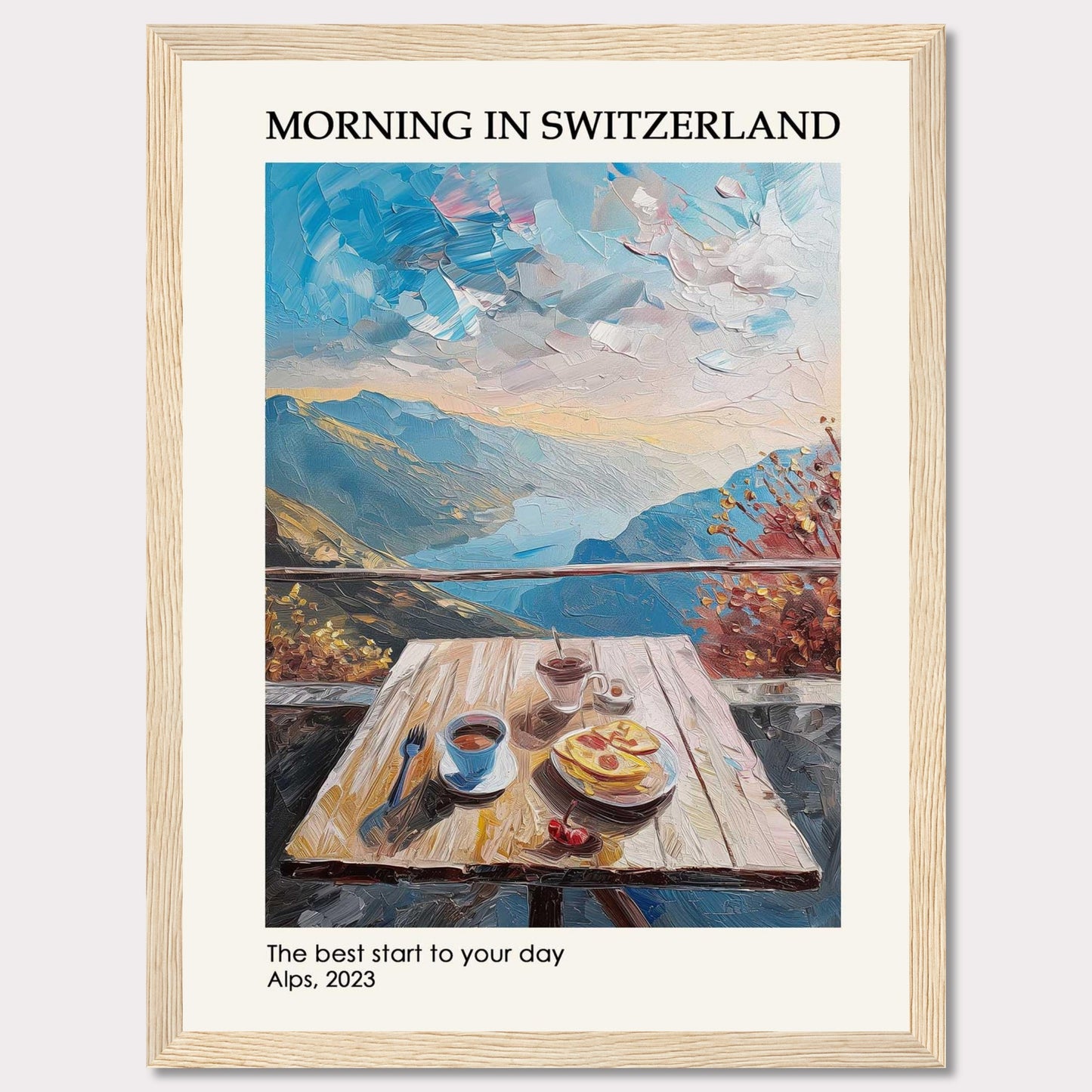 A serene morning in the Swiss Alps is depicted in this beautiful painting. The image showcases a wooden table set with a delightful breakfast, including coffee and pastries, against the backdrop of majestic mountains and a vibrant sky.