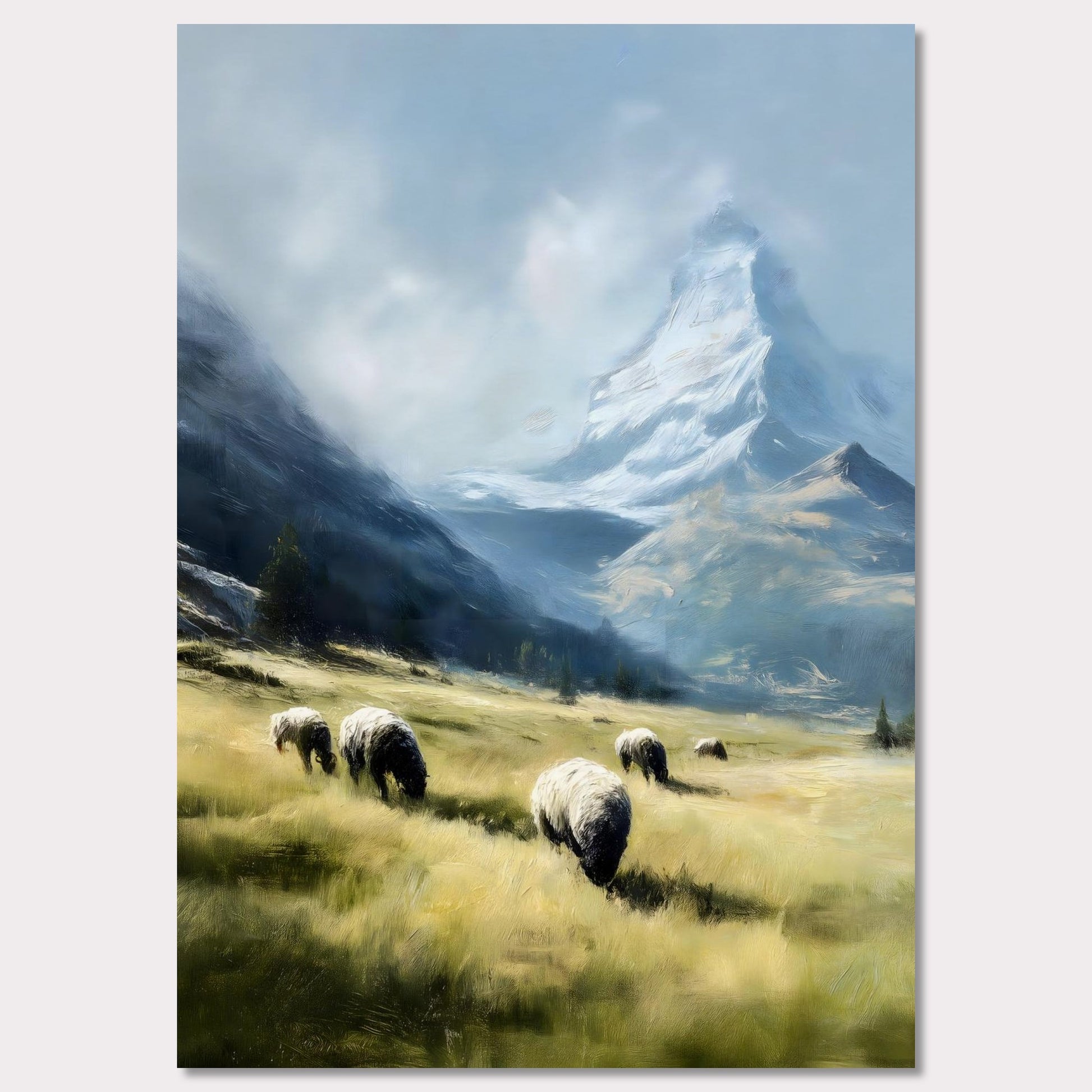 In the shadow of the Matterhorn, sheep graze peacefully on sunlit fields. This pastoral scene blends the grandeur of the Alps with the charm of rural life. The softness of the animals and golden grass contrasts beautifully with the snow-covered majesty above.