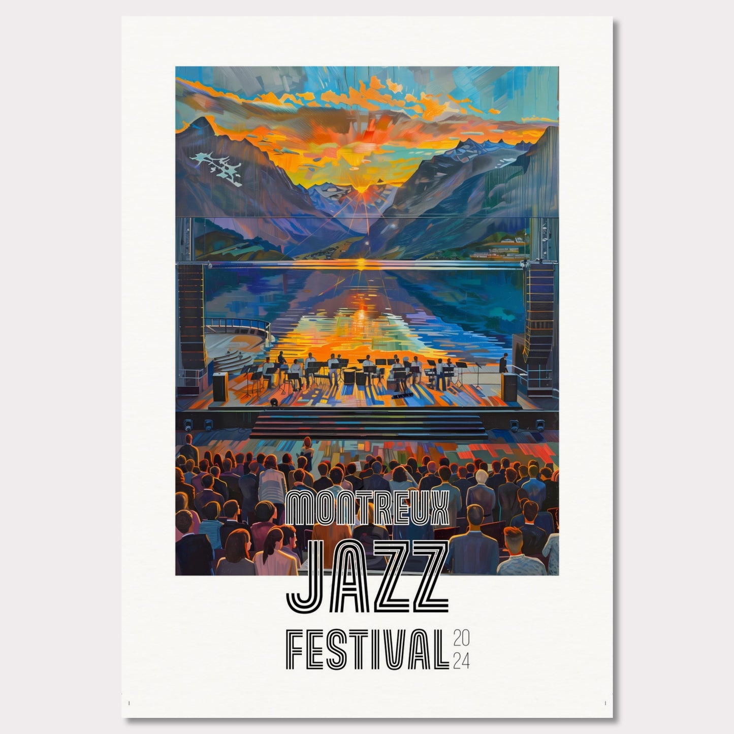 This vibrant poster showcases the Montreux Jazz Festival 2024. The image captures a stunning sunset over a serene lake surrounded by mountains, with a jazz band performing on an outdoor stage. The audience is depicted enjoying the music, creating a lively and engaging atmosphere.