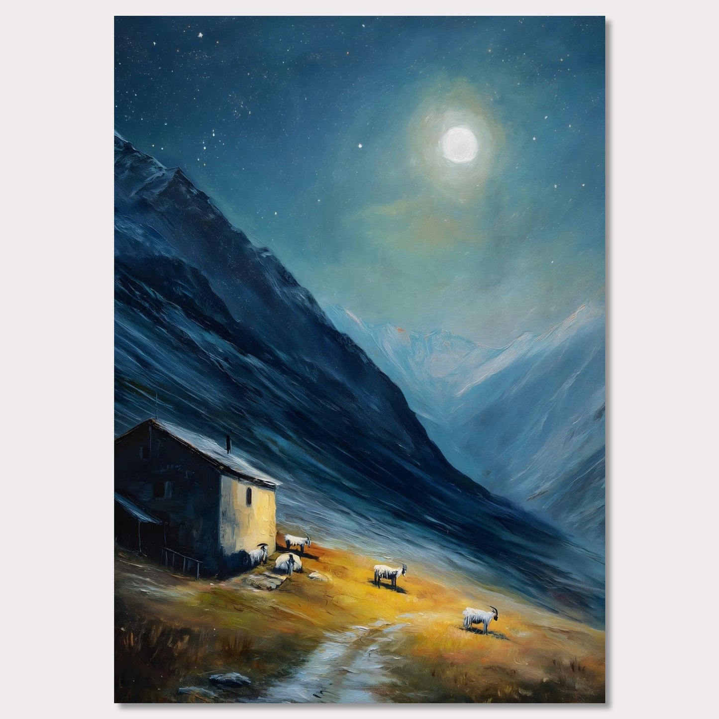 Nestled between dramatic cliffs, a single farmhouse glows under a sky heavy with storm and sun. The valley holds its breath — clouds swirl above while the earth remains grounded, golden, and still. This is a refuge at the edge of wildness.
