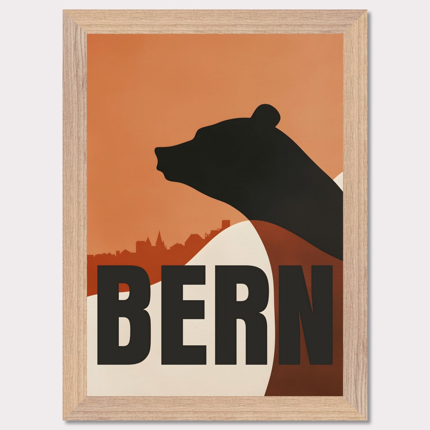 This minimalist poster features the silhouette of a bear — the symbol of Bern — against an orange sky and the city's architectural skyline. Simple yet profound, the design captures the atmosphere of Switzerland's capital and its rich cultural heritage.