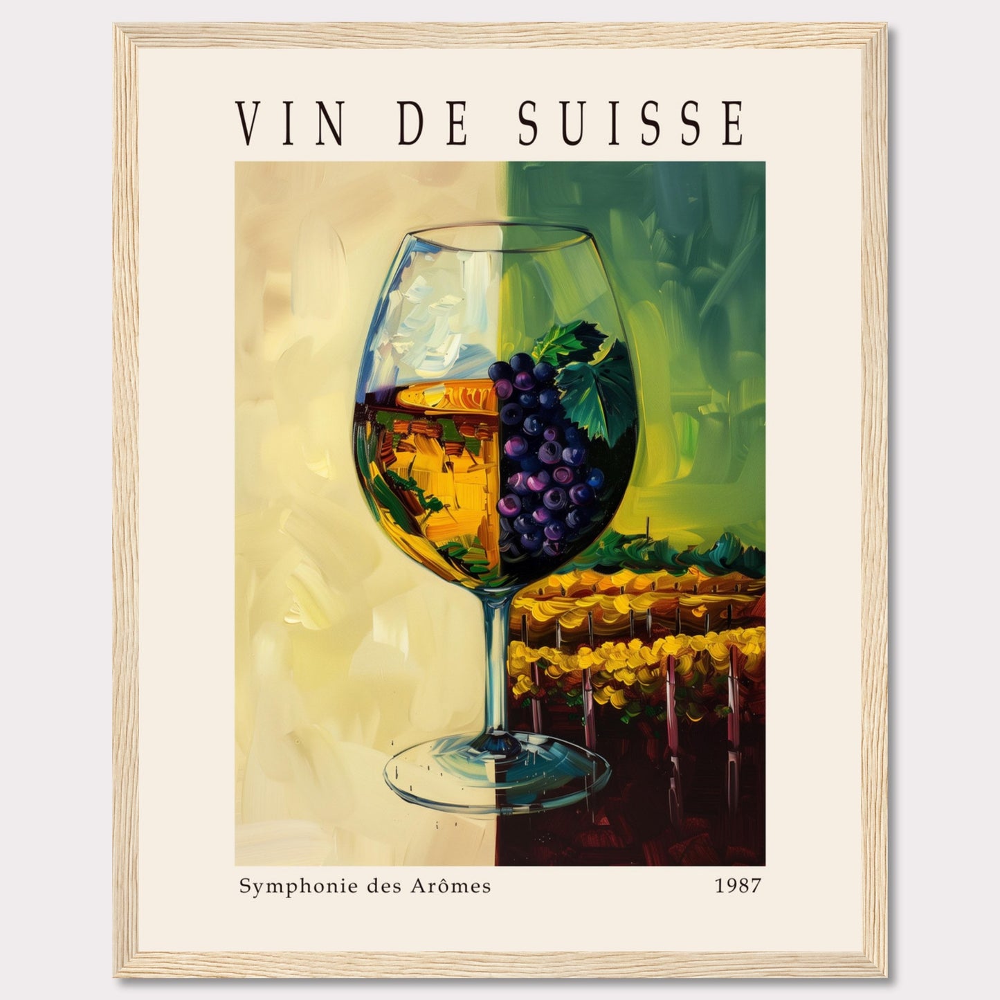 This vibrant poster showcases a wine glass filled with white wine, adorned with a cluster of purple grapes and green leaves. The background features a picturesque vineyard scene, split into two contrasting hues of yellow and green.