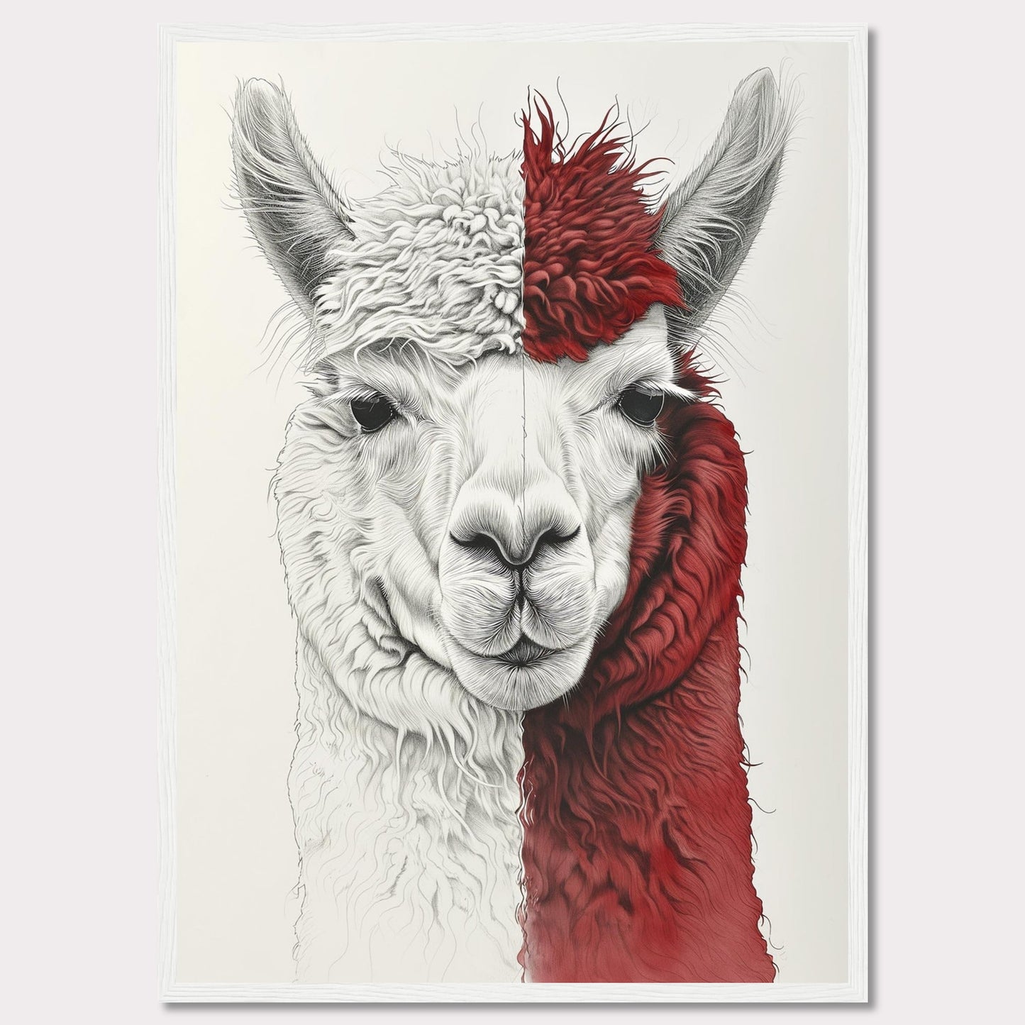 This striking artwork features a detailed illustration of an alpaca with a unique half-white, half-red fur pattern. The intricate lines and textures bring the alpaca's gentle expression to life, making it a captivating piece for any space.