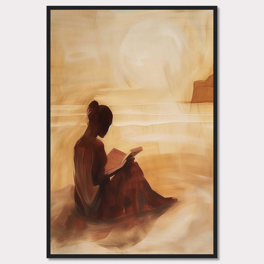 This serene painting captures a solitary figure engrossed in a book, seated on a tranquil beach with the sun setting in the background.