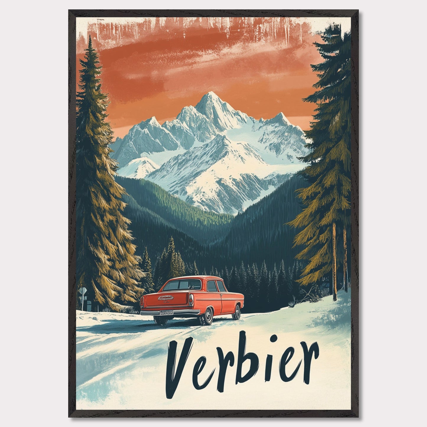 This striking retro-style poster depicts a vintage car driving through a snowy mountain landscape in Verbier. The red car stands out against the backdrop of majestic, snow-covered peaks and towering trees, with the warm orange hues of the sky adding to the nostalgic vibe. The vintage typography and artistic style evoke the allure of road trips through the Swiss Alps, offering a sense of freedom and adventure in a winter wonderland.