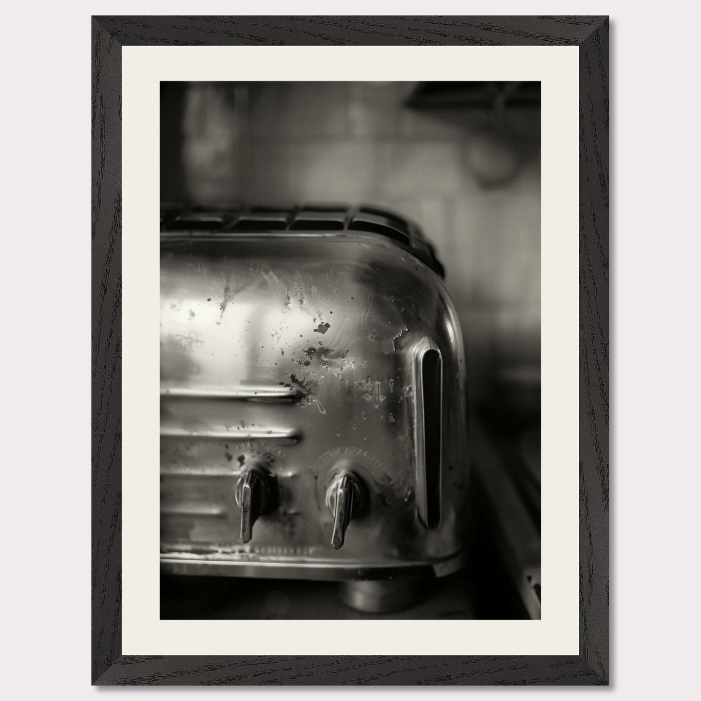 This illustration depicts a close-up view of a vintage toaster in black and white.