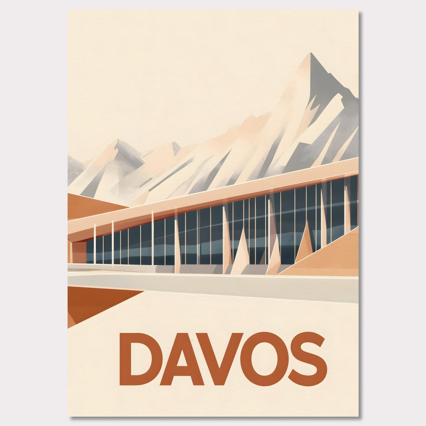 An artistic depiction of Davos, where a contemporary structure stretches along the base of snow-covered peaks. The smooth design of the building complements the sharp mountain ridges, creating a stunning contrast.