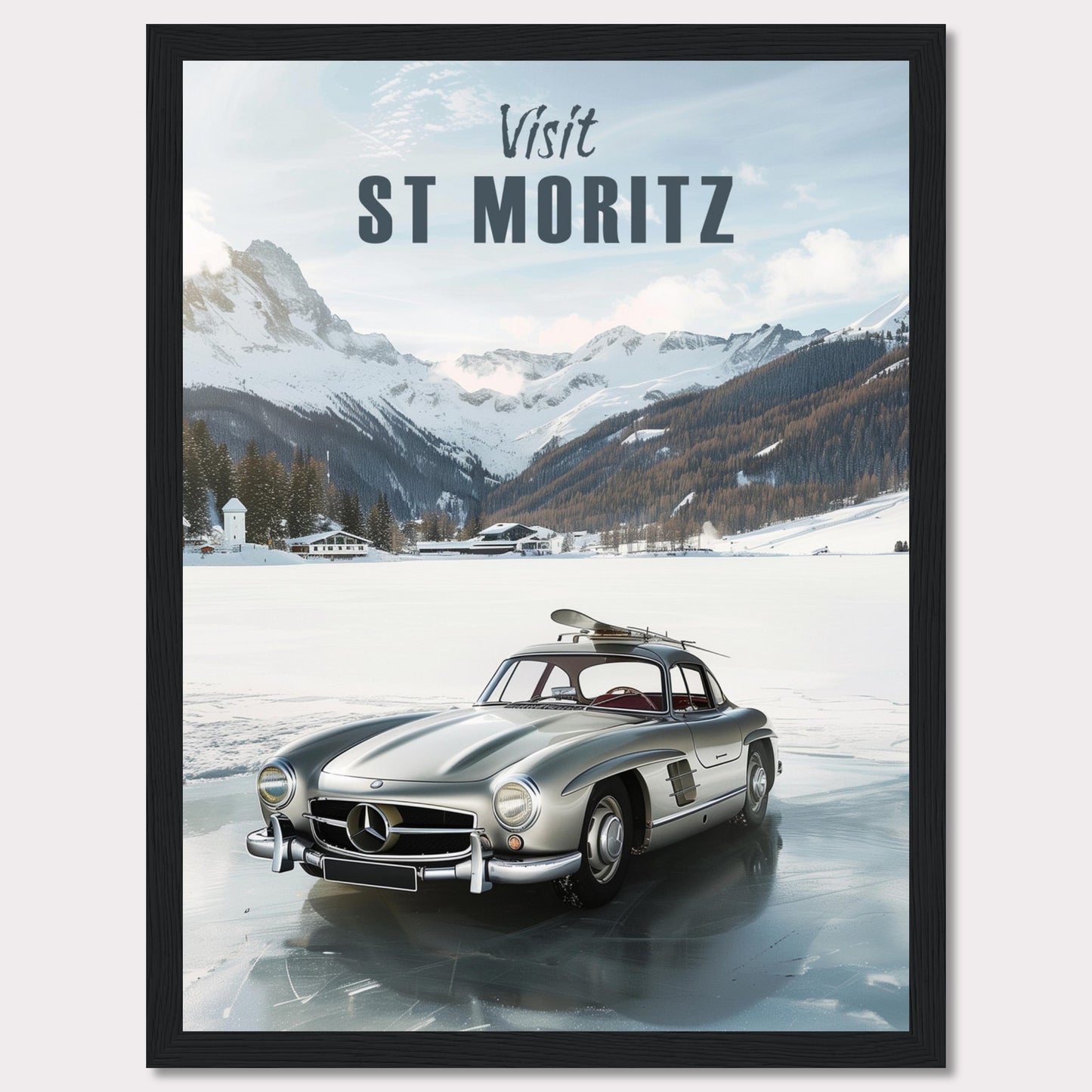 Discover the breathtaking beauty of St. Moritz with this stunning poster. Featuring a classic silver car parked on a frozen lake, surrounded by majestic snow-capped mountains and cozy alpine chalets.