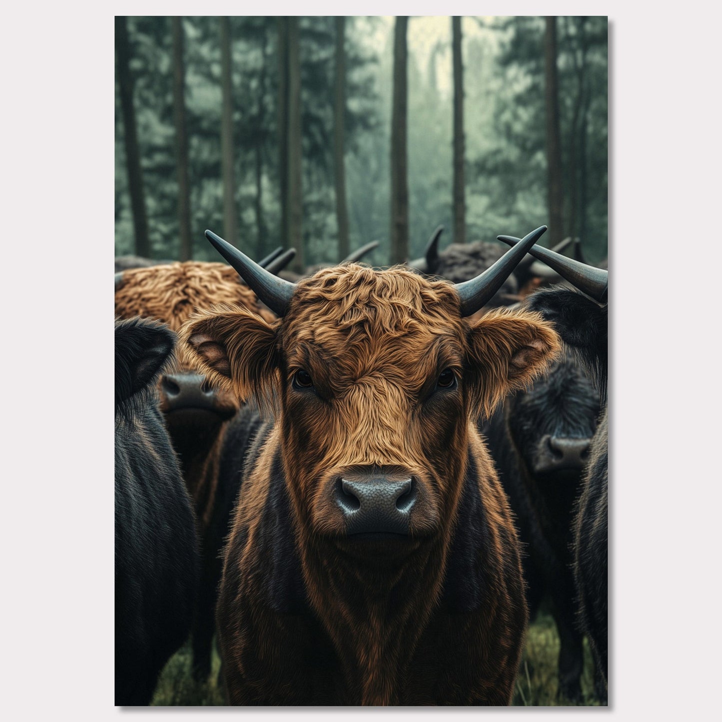 This captivating image features a herd of Highland cattle standing in a misty forest. The central focus is on a brown Highland cow, with its distinctive long horns and shaggy coat, staring directly at the viewer. The background showcases tall trees enveloped in fog, adding a mystical ambiance to the scene.